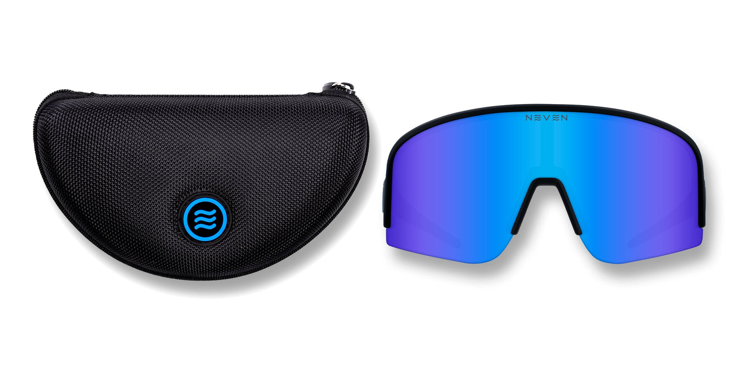 A black textured Neven Eyewear sunglasses case with a blue circular logo is shown next to Strides running sunglasses, which have a futuristic blue-mirrored shield design and “NEVEN” branding, all displayed on a white background.