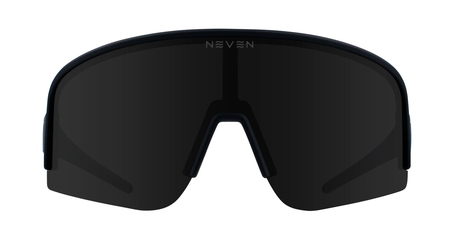 Threshold sunglasses by Neven Eyewear feature a large, wraparound design with a single dark polarized UV400 lens and a thick black frame. "NEVEN" is displayed in white uppercase letters at the top center of the lens.