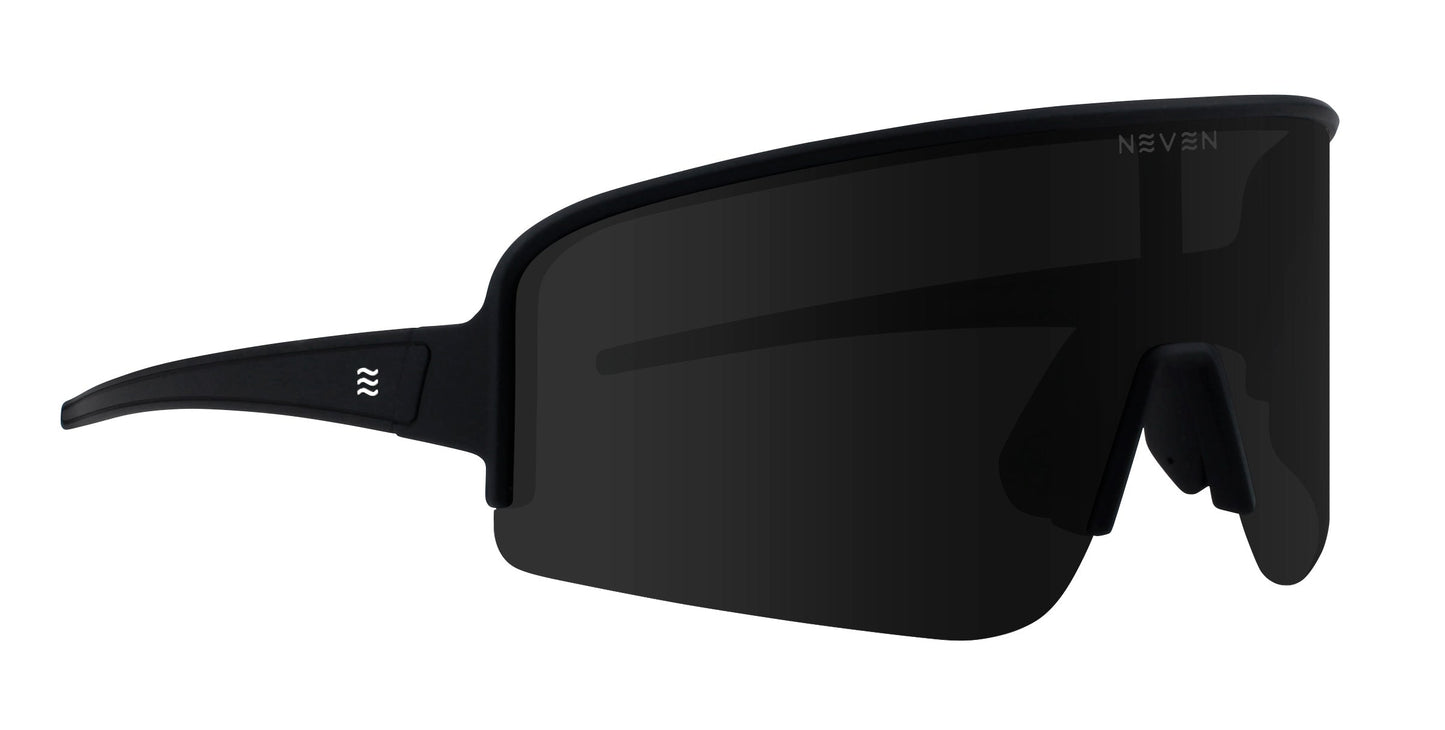 Threshold sunglasses by Neven Eyewear feature a sleek black matte frame, single dark polarized UV400 lens, white wave logo on the temple, NEVEN branding on the top edge, and integrated black nose pads.