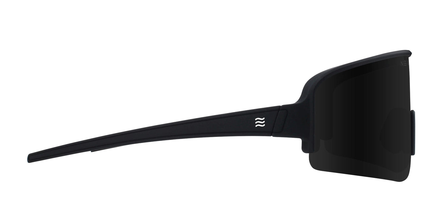 A side view of Neven Eyewear's Threshold sunglasses shows a matte black frame, sleek arm with a white wave symbol by the hinge, and large dark rectangular polarized UV400 lenses.