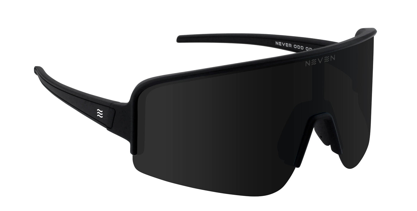 Threshold sunglasses by Neven Eyewear feature a sleek black frame, single wraparound dark lens with polarized UV400 protection, a white wave logo on the right arm, and NEVEN printed on the top right of the lens.