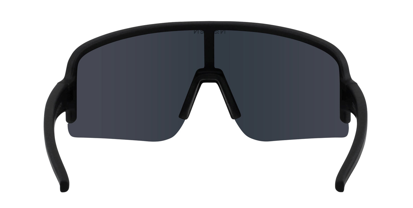 A pair of Neven Eyewear Threshold sunglasses with a single wide dark-tinted polarized UV400 lens, thick curved frame, prominent arms, and comfy nose bridge—perfect for active use. Shown against a plain white background.