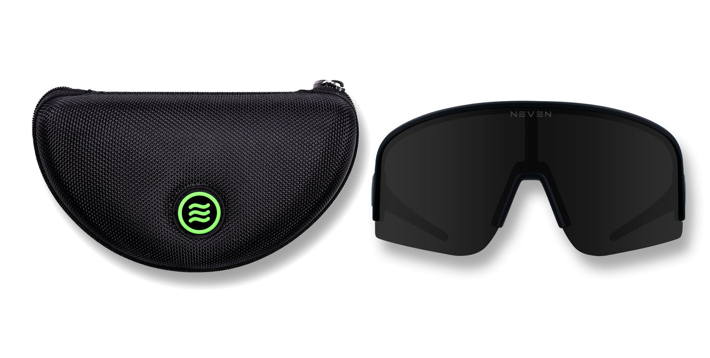 A black textured zippered case with a green circular logo sits next to Neven Eyewear Threshold sunglasses, which are large, wraparound, and provide polarized UV400 protection. Both items are shown on a white background.