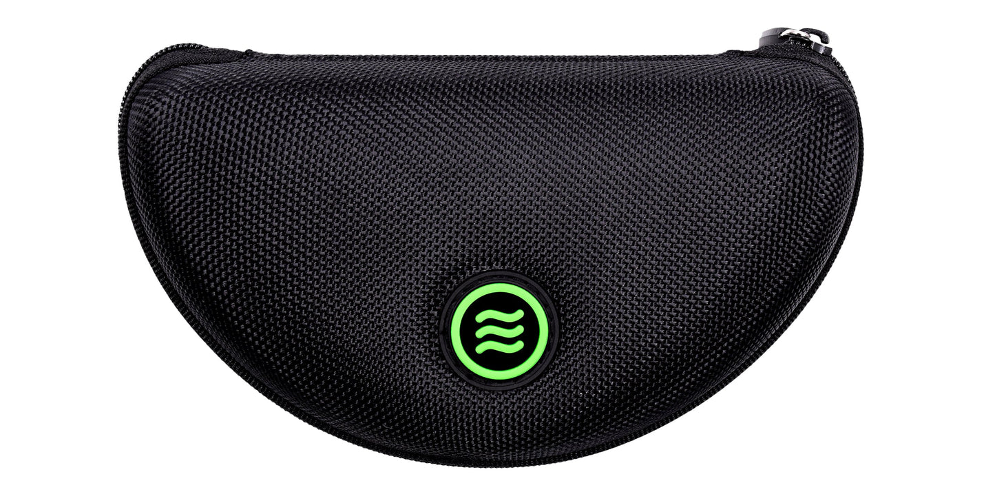 A black, semi-circular textured zippered case with a green circle and wavy line logo, designed by Neven Eyewear for storing Threshold sunglasses with polarized UV400 protection. Durable and compact for travel.