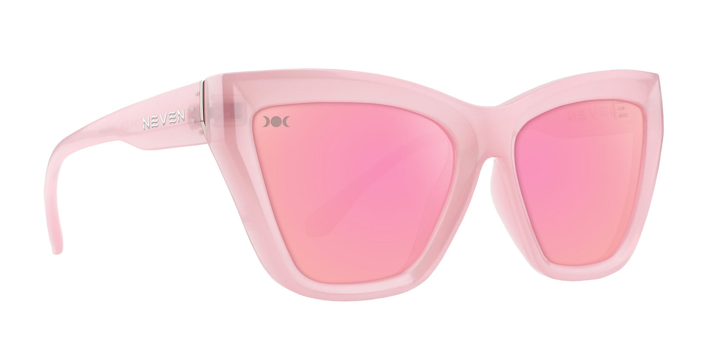 The Eclipse cat-eye sunglasses by Neven Eyewear feature bold, angular translucent pink plastic frames and pink reflective polarized lenses, with a subtle silver logo on the left temple for a stylish modern look.