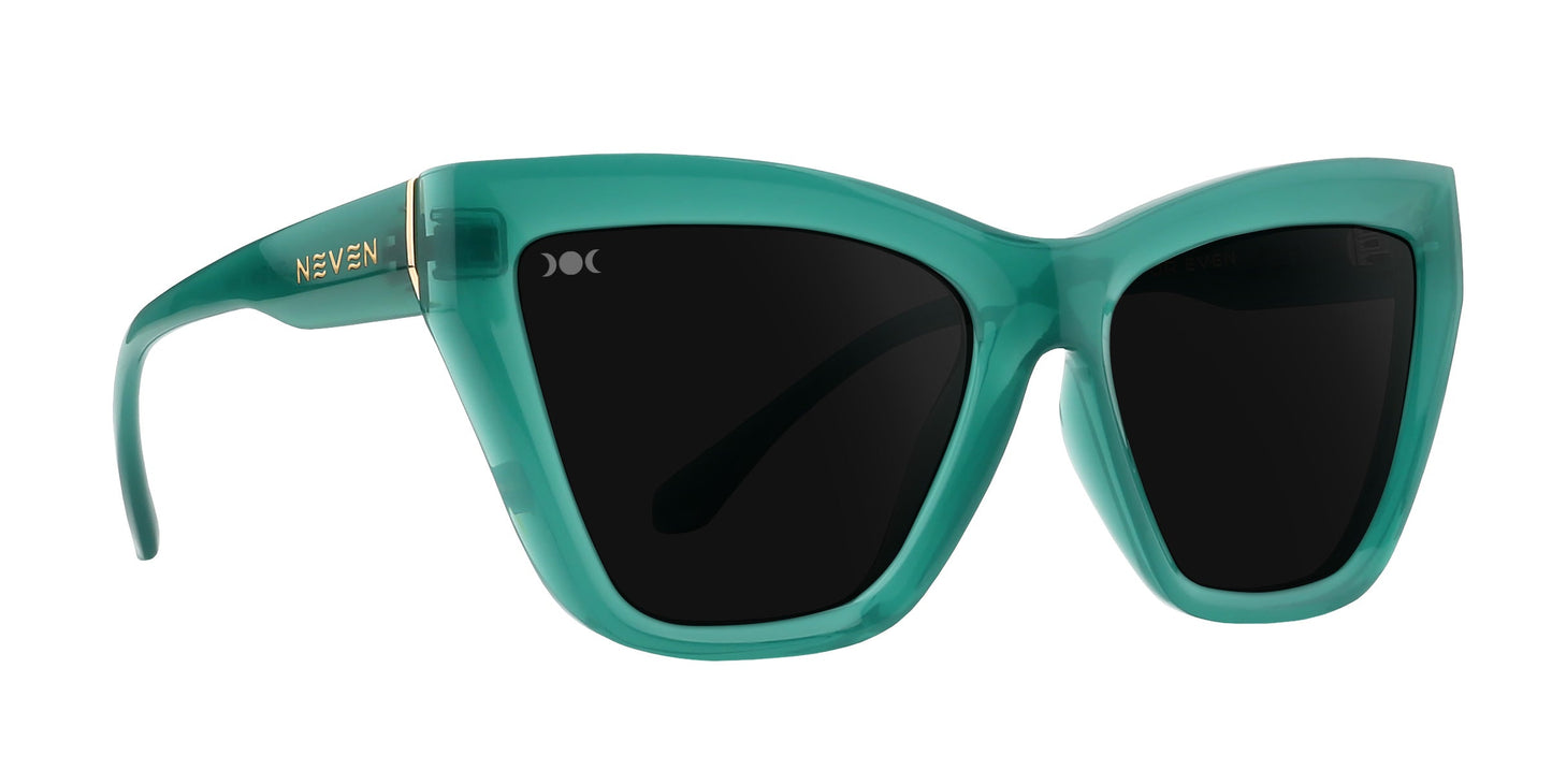 The Iris cat-eye sunglasses by Neven Eyewear feature thick, glossy teal plastic frames, black lenses, and wide arms with gold branding on the left. Displayed angled right against a plain white background.