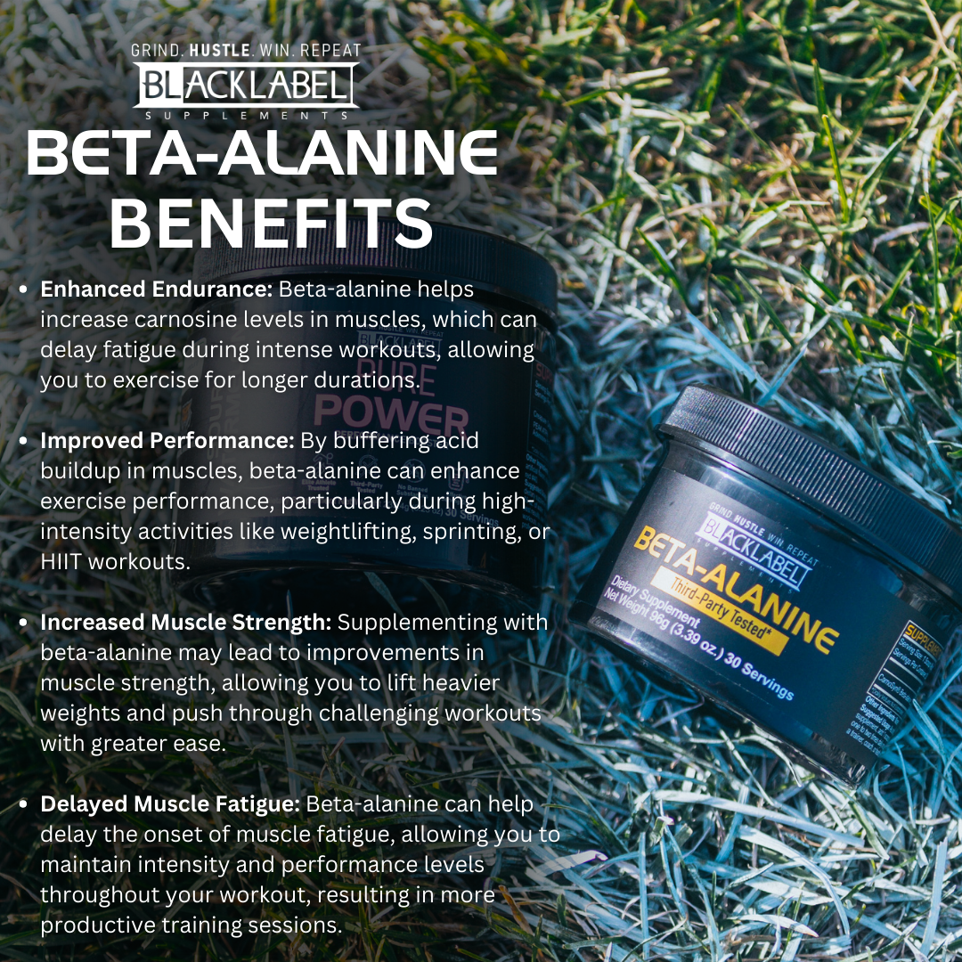 Two BLACKLABEL Supplements containers, labeled POWER and BETA-ALANINE, rest on grass. Text highlights BETA-ALANINE’s benefits: enhanced endurance, better performance, more muscle strength, and delayed muscle fatigue.