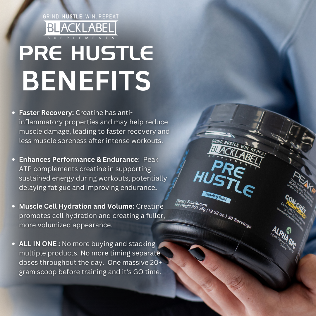 A person holds a black container of BLACKLABEL Supplements PRE HUSTLE, a pre-workout designed for muscle building. Benefits shown: faster recovery, better performance, improved hydration, and an all-in-one formula.