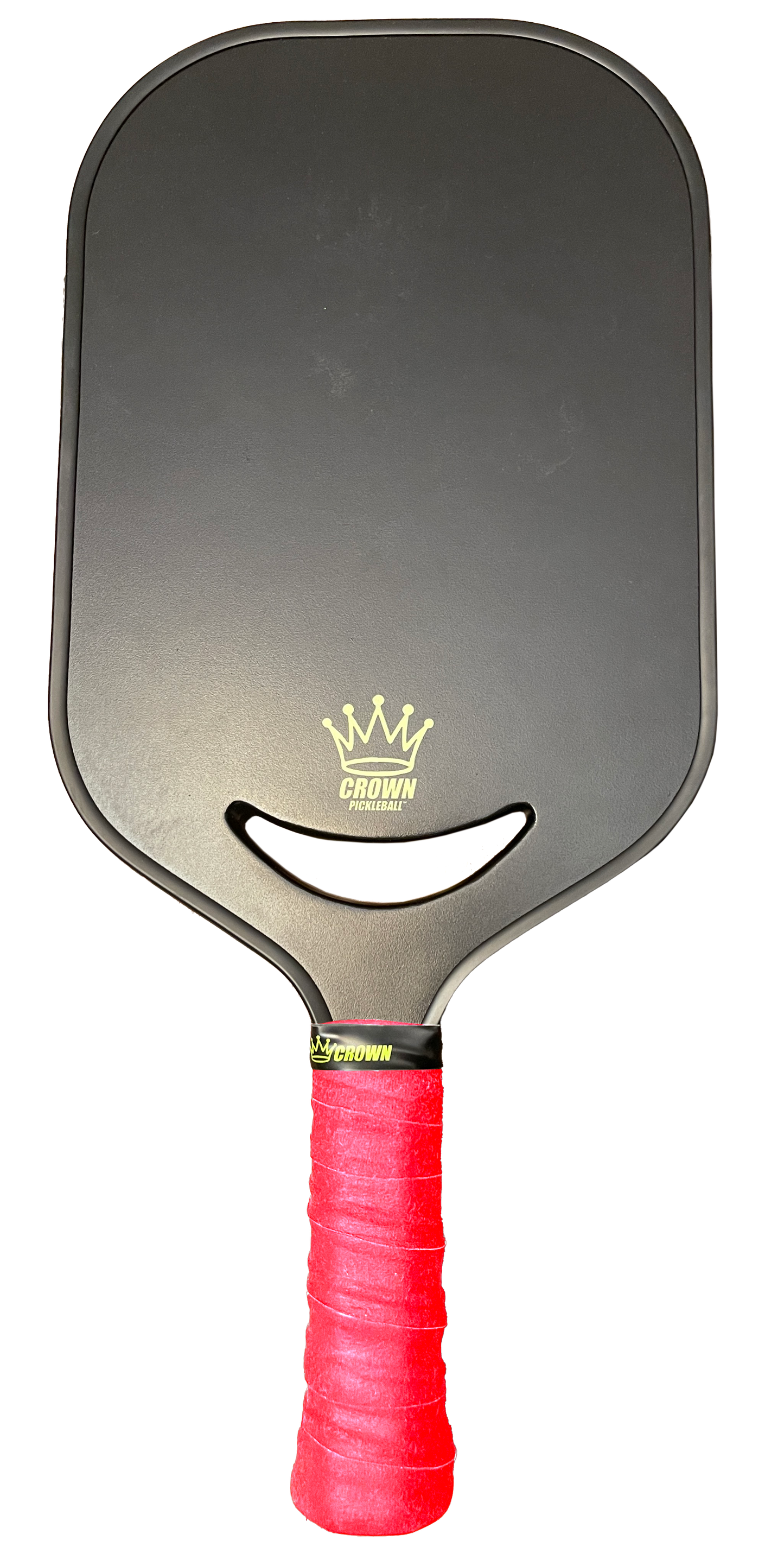 The CROWN PICKLEBALL - Carbon Blade 14 V3 (BLACK) by Crown Pickleball has a sleek black rectangular design, rounded edges, a red textured grip, and features a gold crown logo plus "CROWN" above the handle cutout on a plain white background.