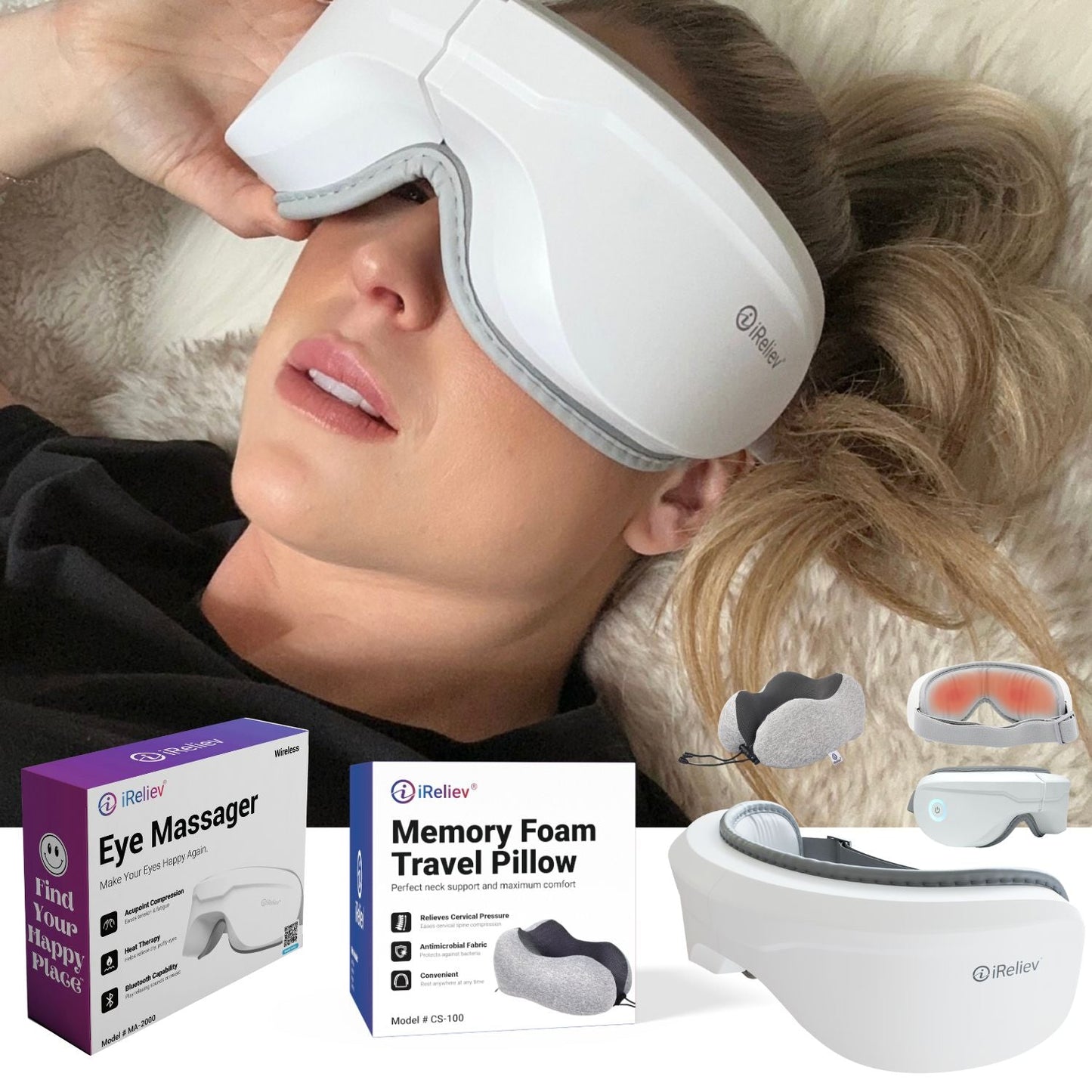 A woman reclines wearing the iReliev Relaxable™ Eye Massager with Heat. Product boxes labeled Eye Massager and Memory Foam Travel Pillow are visible, with smaller images showcasing the pillow, massager, and case for relaxation and compression therapy.