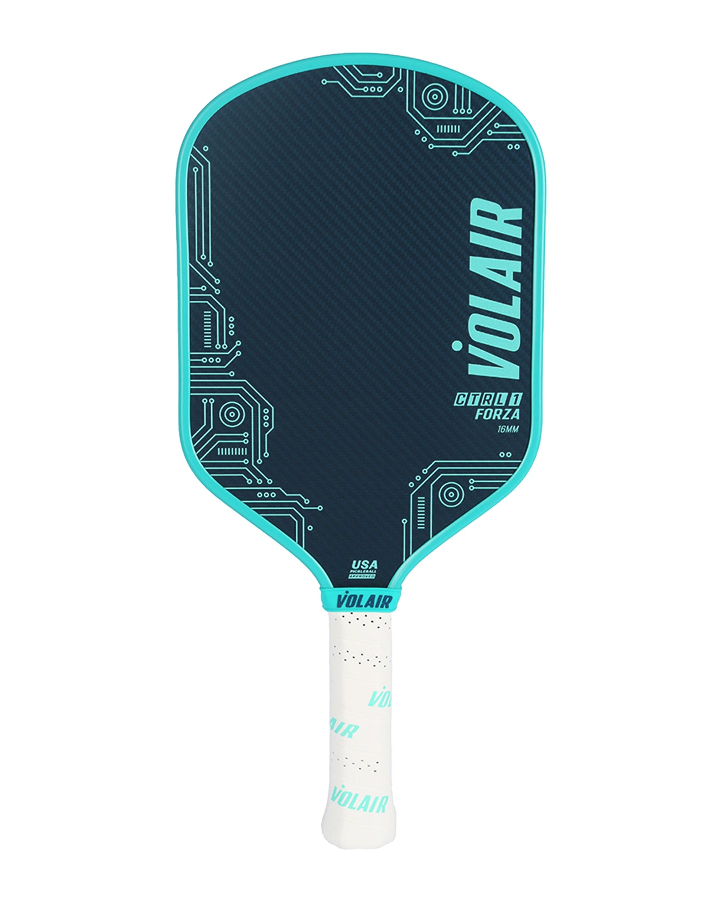 The Volair Pickleball CTRL 1 16mm Forza paddle features a dark blue design with light blue circuit board accents, "Biancha Forza" and "USA" near the handle, and a white grip branded with Volair in blue.