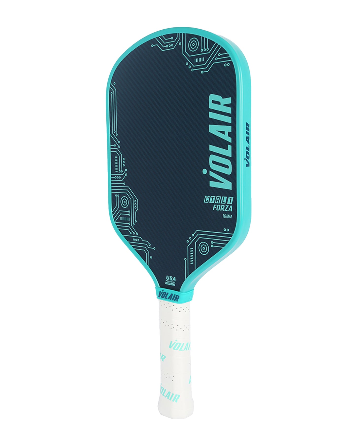 A Volair Pickleball CTRL 1 16mm Forza paddle stands upright. It features a dark face with light blue circuit board graphics, large Volair branding, a turquoise blue edge guard and grip, plus a white handle wrapped with Volair print.