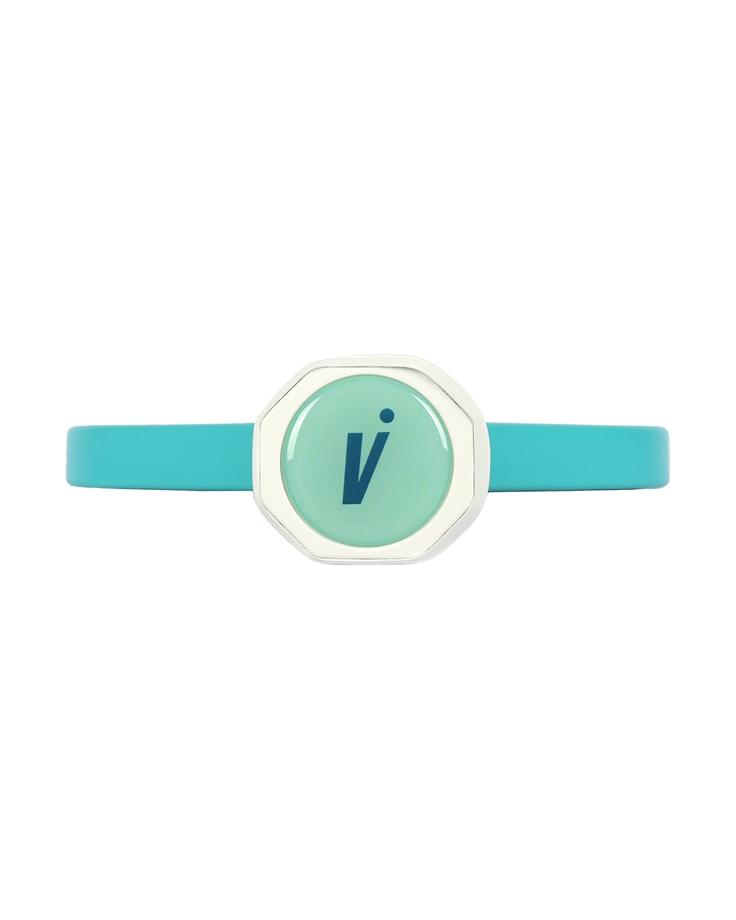 A turquoise wristband with a round, silver-edged centerpiece featuring a light green background and dark blue lowercase “i”—a stylish accessory for fans of the Volair Pickleball CTRL 1 16mm Forza paddle. Displayed on a plain white background.