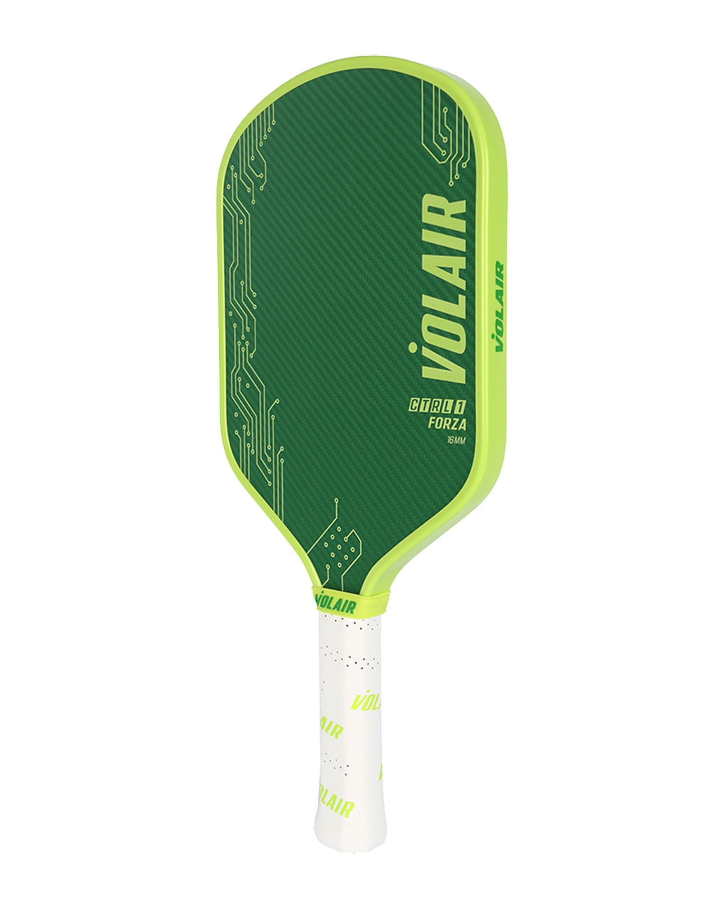 The CTRL 1 16mm Forza Pickleball Paddle by Volair Pickleball features a green and neon yellow circuit board design with "VOLAIR" printed vertically. The white handle has grip tape, also displaying the Volair logo in green.