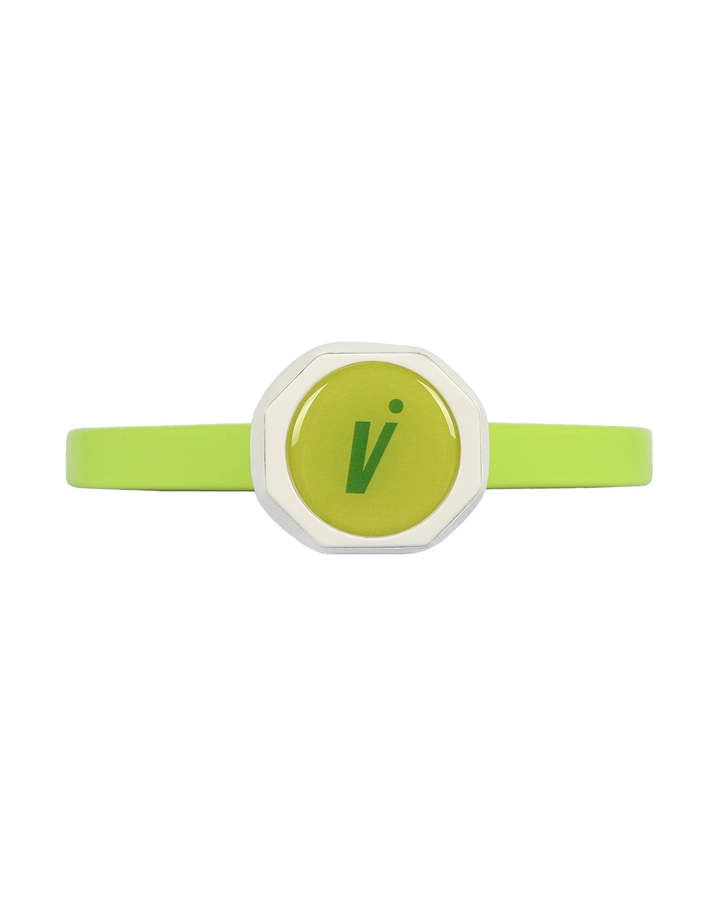 A lime green wristband with a round, silver-edged face featuring a green lowercase "i" on yellow—ideal for fans of the Volair Pickleball CTRL 1 16mm Forza Pickleball Paddle or anyone who loves pickleball paddles.
