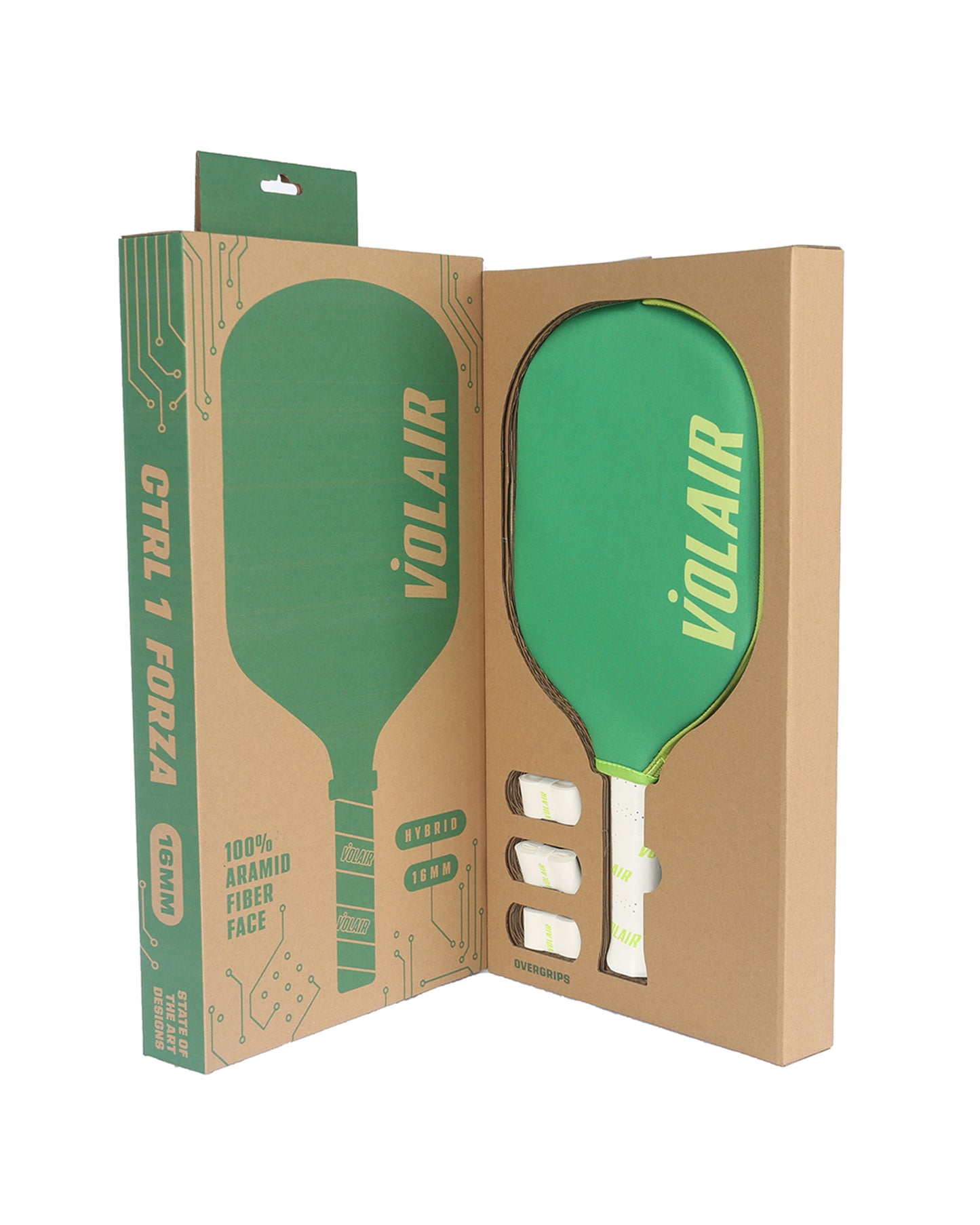 An open box reveals a Volair Pickleball CTRL 1 16mm Forza paddle in green with a white handle, three replacement grips, and packaging featuring bold green accents and “100% ARAMID FIBER FACE” highlights.