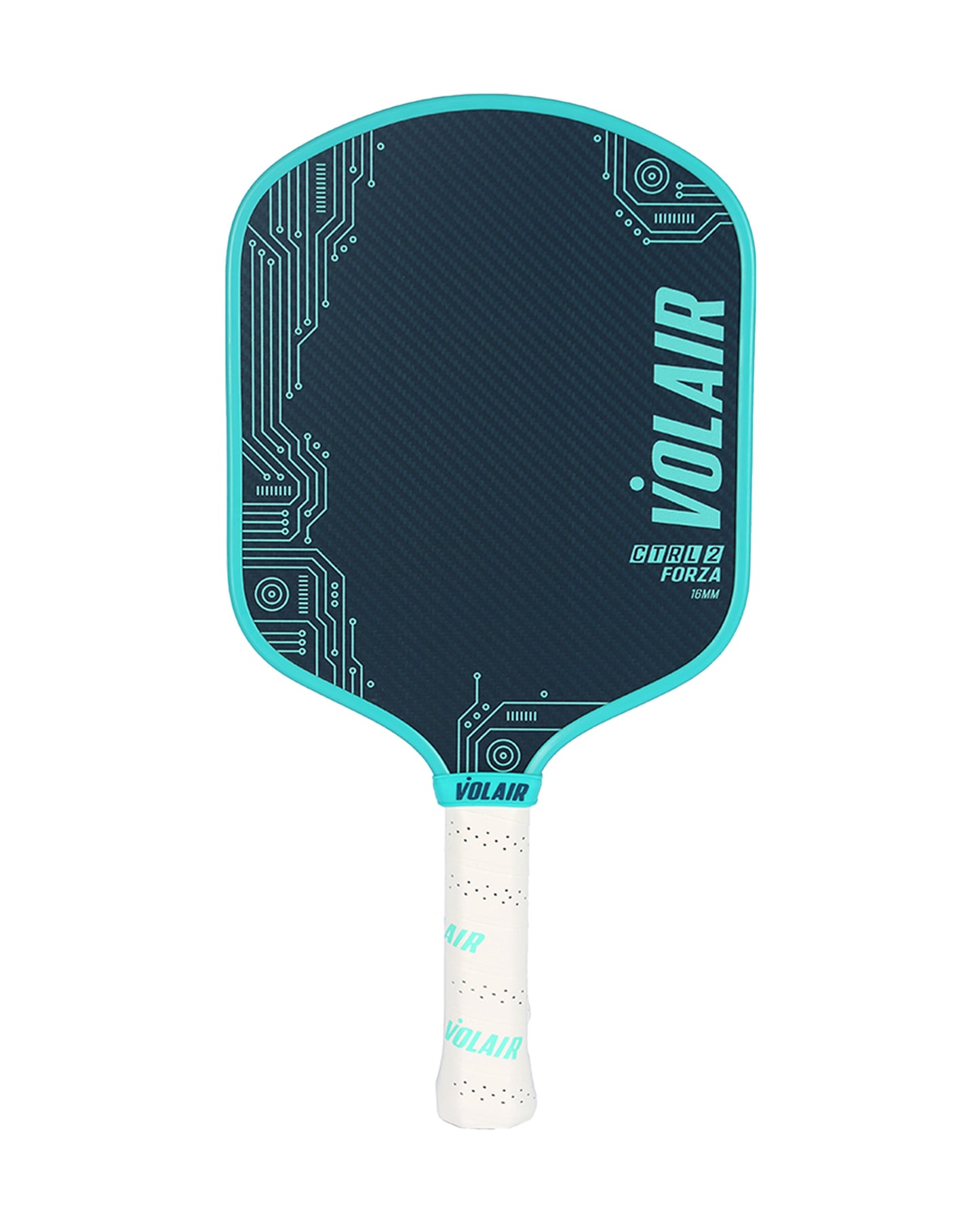 The CTRL 2 Forza 16mm Pickleball Paddle by Volair Pickleball features a widebody dark blue face with teal circuit-like design and edging, bold white “VOLAIR” branding, and a white grip with teal Volair logos on the handle.
