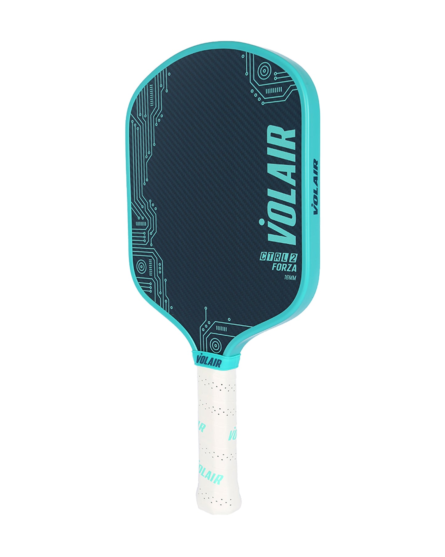 The CTRL 2 Forza 16mm Pickleball Paddle by Volair Pickleball features a blue and turquoise widebody design with a circuit board pattern, VOLAIR in bold white letters, and GioGio Forza above the handle wrapped in white grip tape with blue VOLAIR text.