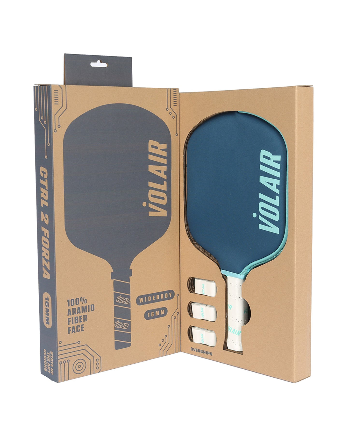 A cardboard box displays a blue Volair Pickleball CTRL 2 Forza 16mm paddle with a white handle and two overgrips. The packaging features graphics, specs like “100% Aramid Fiber Face” and “16mm,” plus modern branding text.