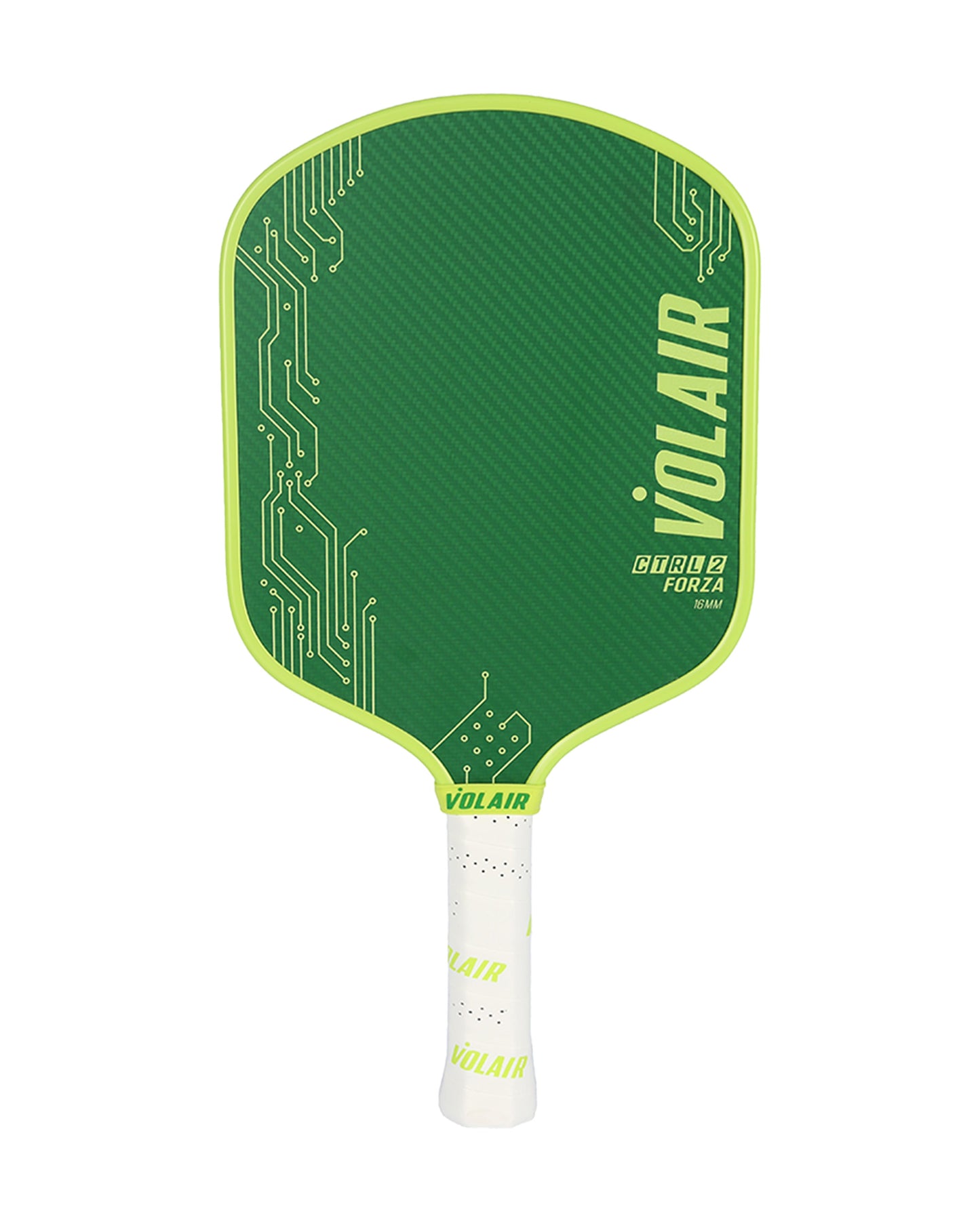 The Volair Pickleball CTRL 2 Forza 16mm paddle is green with neon yellow-green trim, circuit board graphics, the VOLAIR logo, Brabo Forza Gen 3 mark, and a white handle labeled VOLAIR in yellow-green.