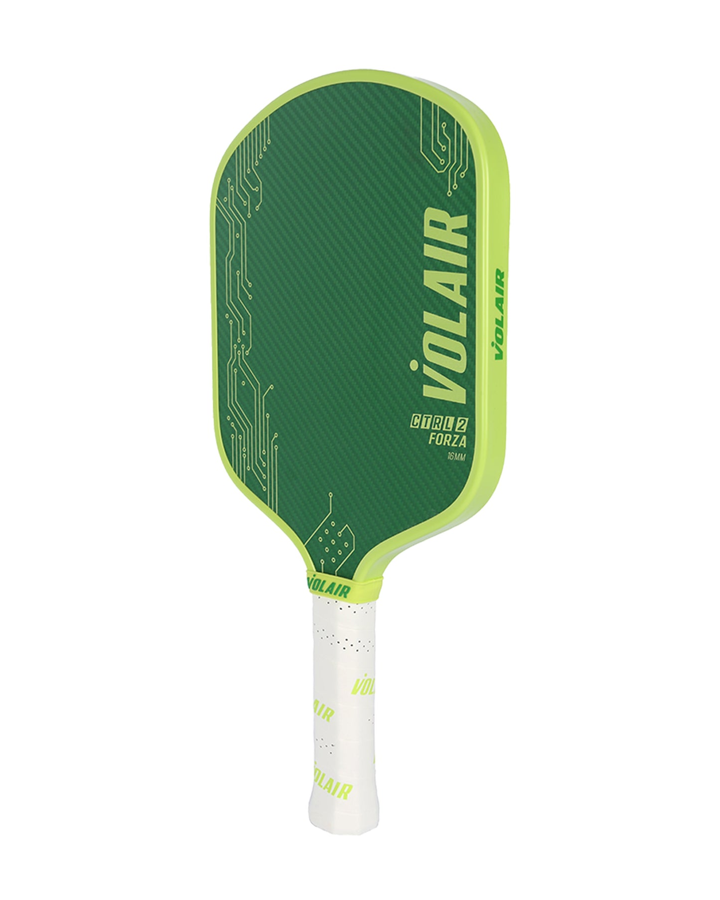 A green Volair Pickleball CTRL 2 Forza 16mm paddle with light green circuit-board graphics, a neon green edge guard, white grip with green VOLAIR lettering, and the model name GROBE FORZA on the paddle face.