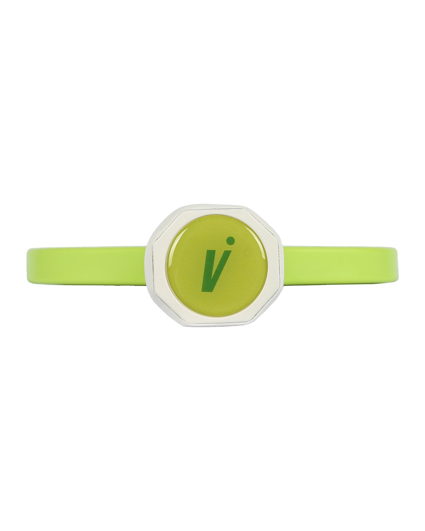 A lime green wristband features an octagonal centerpiece inspired by Volair Pickleball’s CTRL 2 Forza 16mm Paddle, with a yellow-green metallic-edged center displaying a stylized green “v” and dot logo. The band is simple and unadorned.