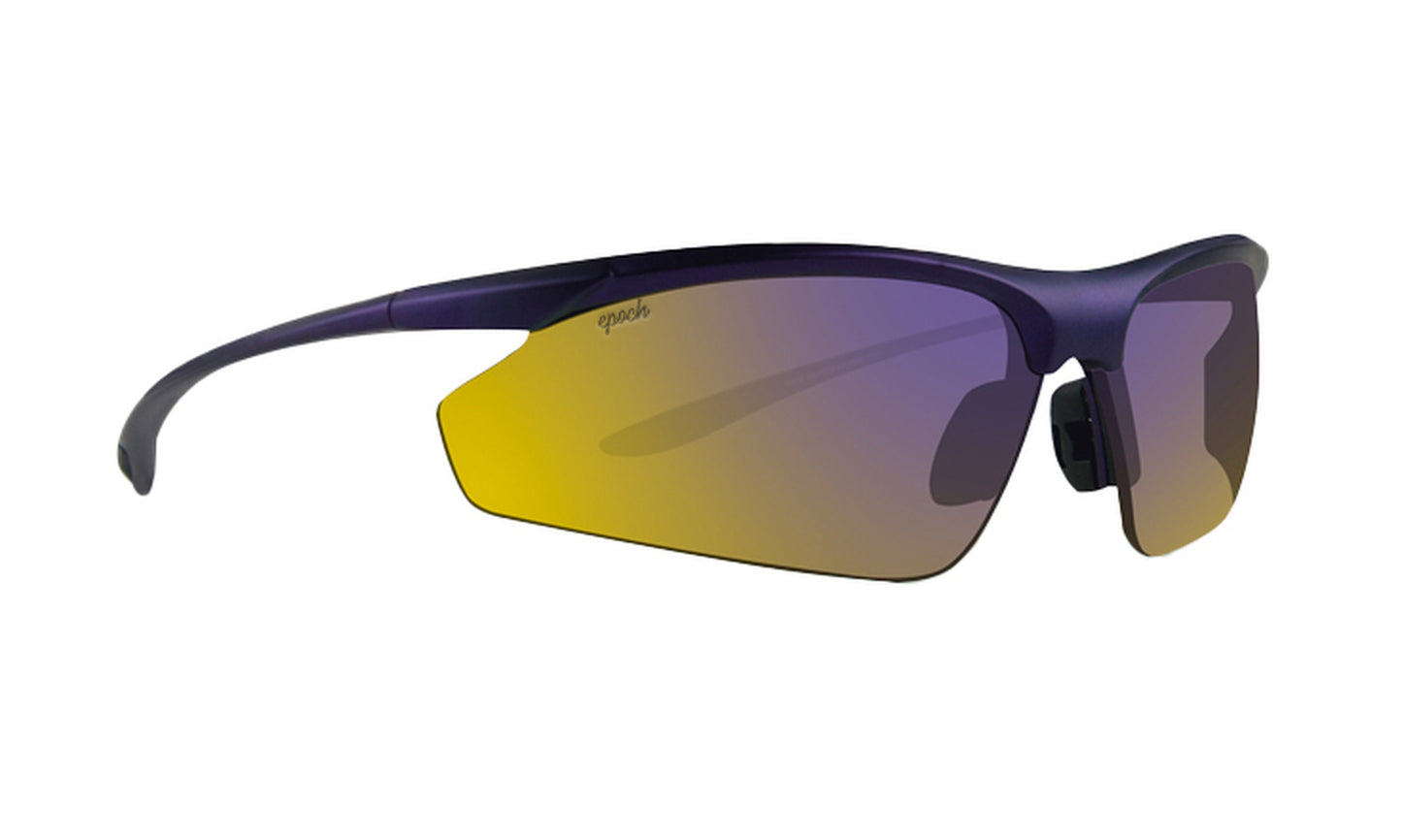 The Cadence Lightweight Wrap Sunglasses by Epoch Eyewear feature a navy blue, lightweight frame with yellow-tinted semi-rimless lenses offering UV protection, curved arms, a nose pad for comfort, and the Epoch logo by the lens.