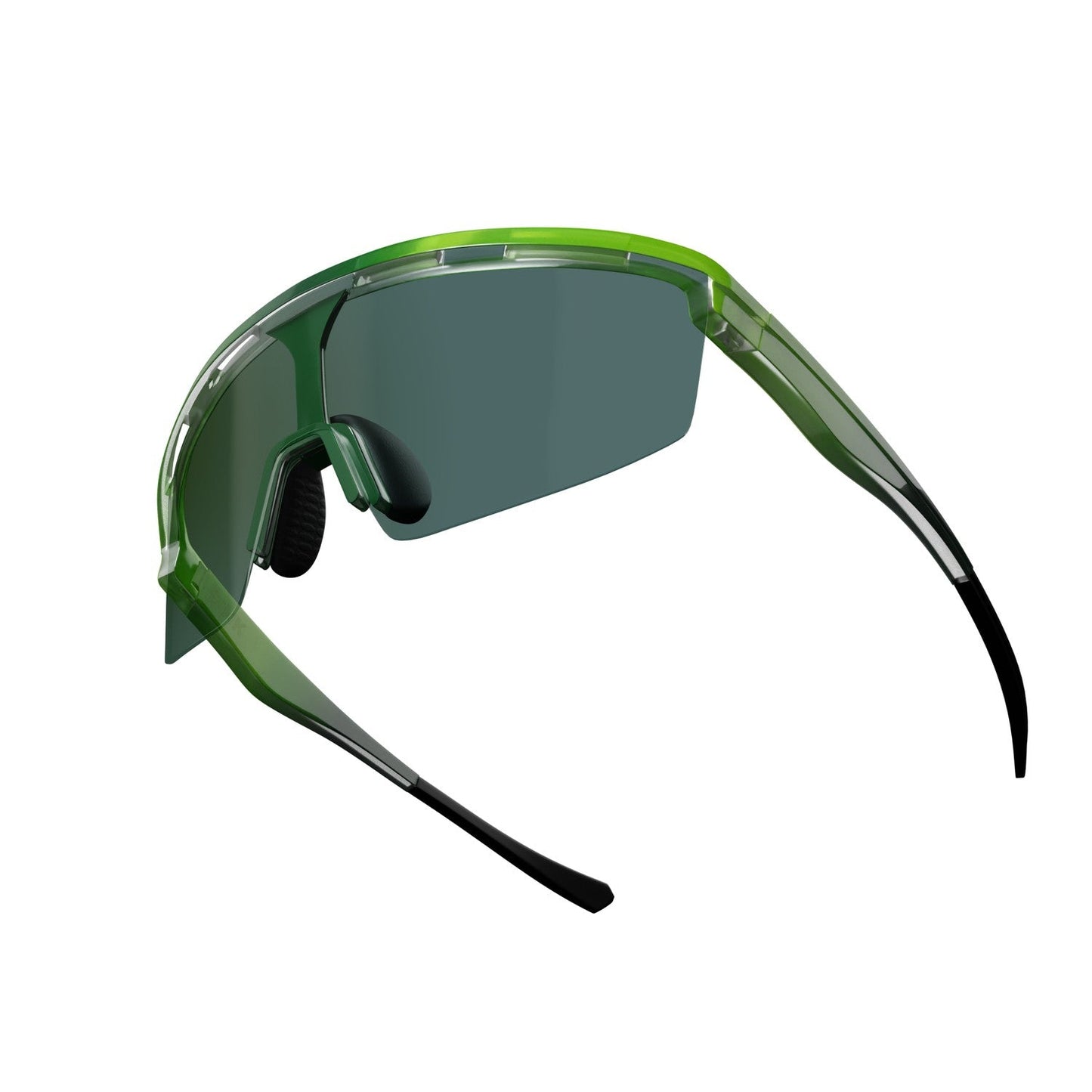 The Dink Eyewear Captiva Lime Pickleball Sunglasses feature a futuristic green ColorBoost wraparound lens, black nose pads, and semi-transparent curved arms with black tips, shown on a plain white background.