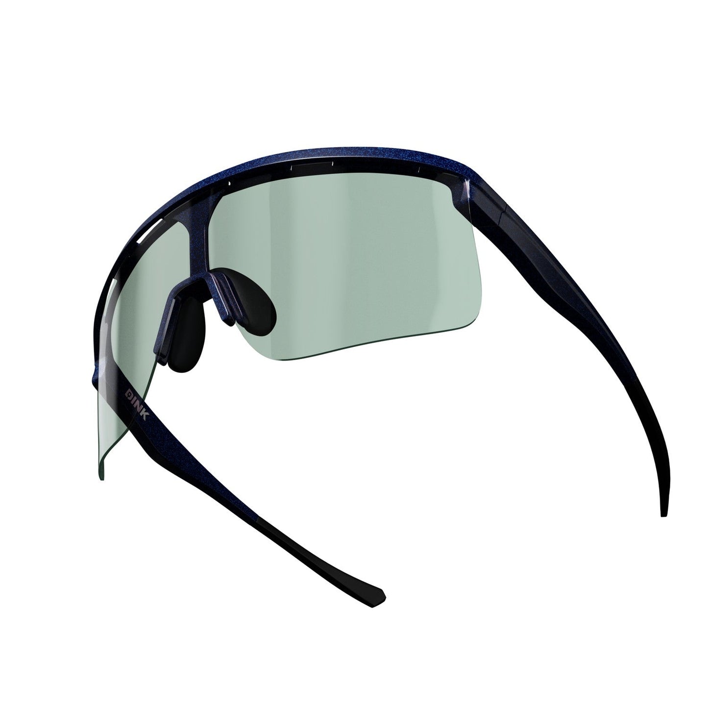 Dink Eyewear's Captiva Large Blue Pearl Pickleball Sunglasses feature a sleek, minimalist black frame with blue sheen, a single curved tinted lens, built-in earbud speakers, and advanced ColorBoost lens technology.