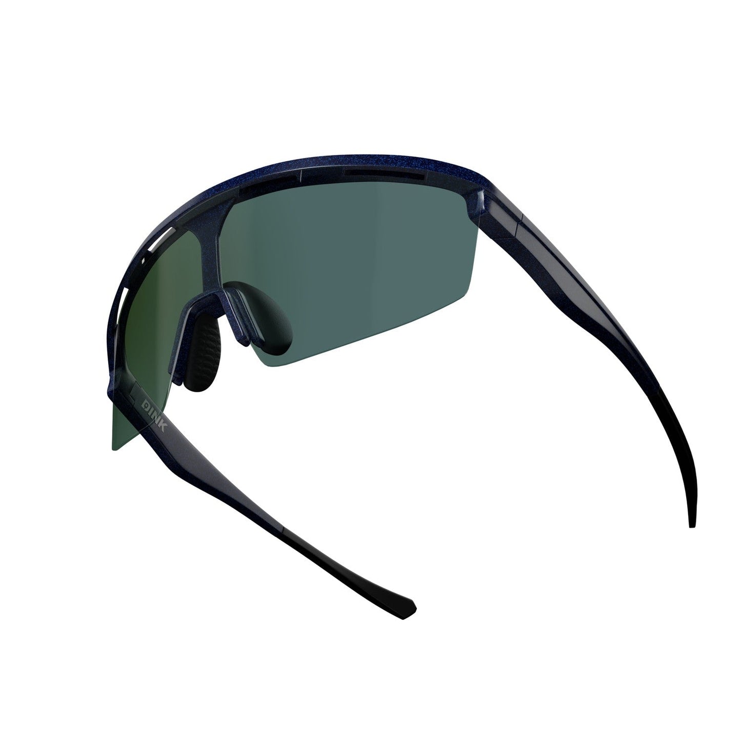 Dink Eyewear's Captiva Blue Pearl Sunglasses feature a sleek, modern wrap design with a single blue-tinted ColorBoost lens, black frame, curved arms, and adjustable nose pads—lightweight and aerodynamic for athletic or outdoor use.