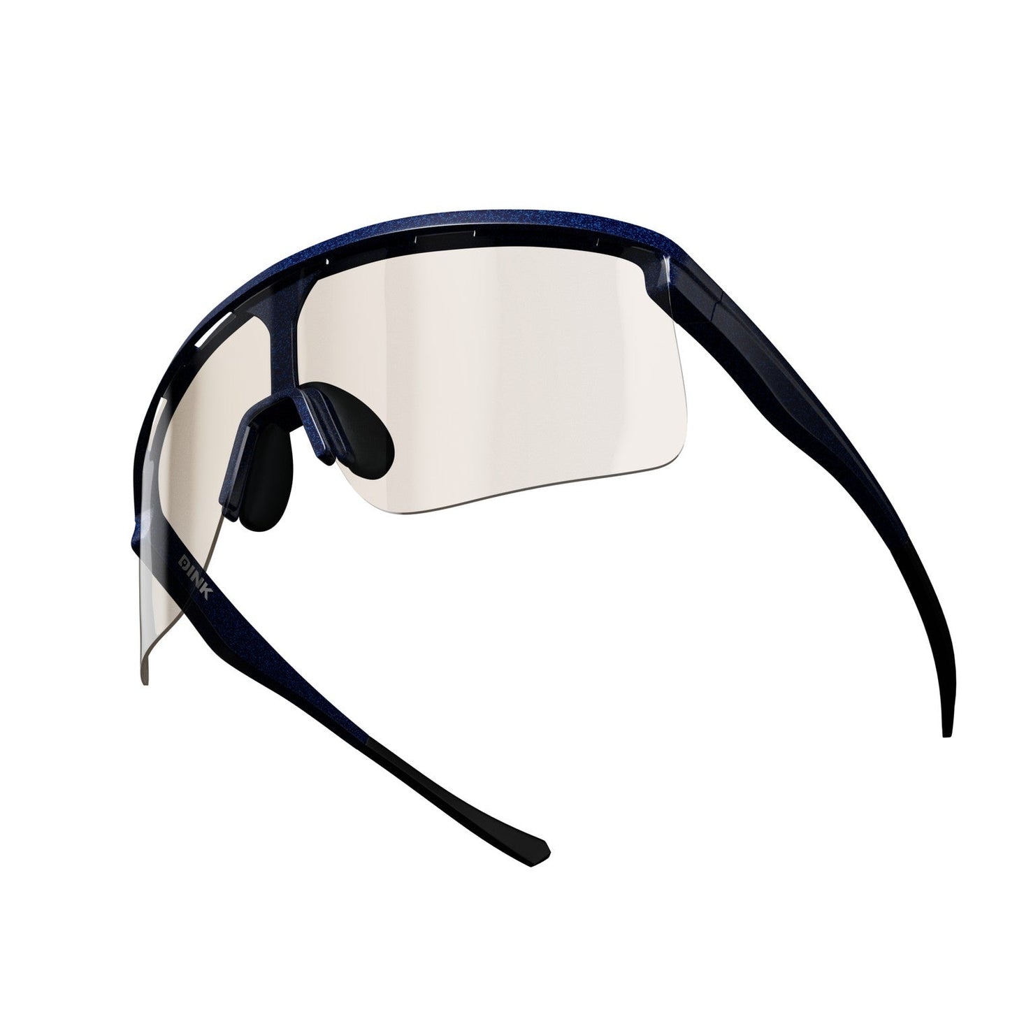 Dink Eyewear Captiva Pickleball Sunglasses feature a single clear visor with ColorBoost lens tech, black arms, built-in earphones, and minimalist design. Sleek performance sport eyewear with UV protection shown on a white background.