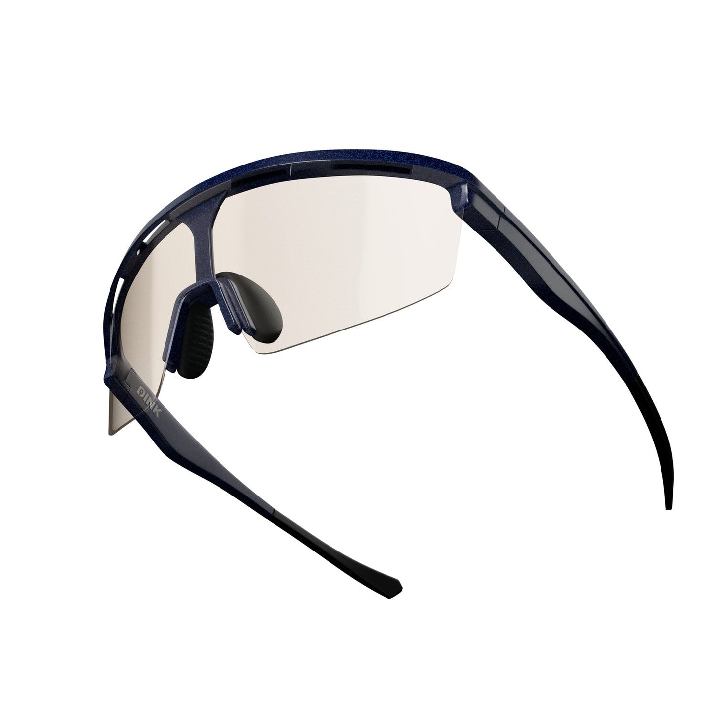 Dink Eyewear’s Captiva Pickleball Sunglasses deliver modern sport performance with a curved, single wraparound lens using ColorBoost technology, UV protection, and a dark blue frame with black nose pads for a secure fit.