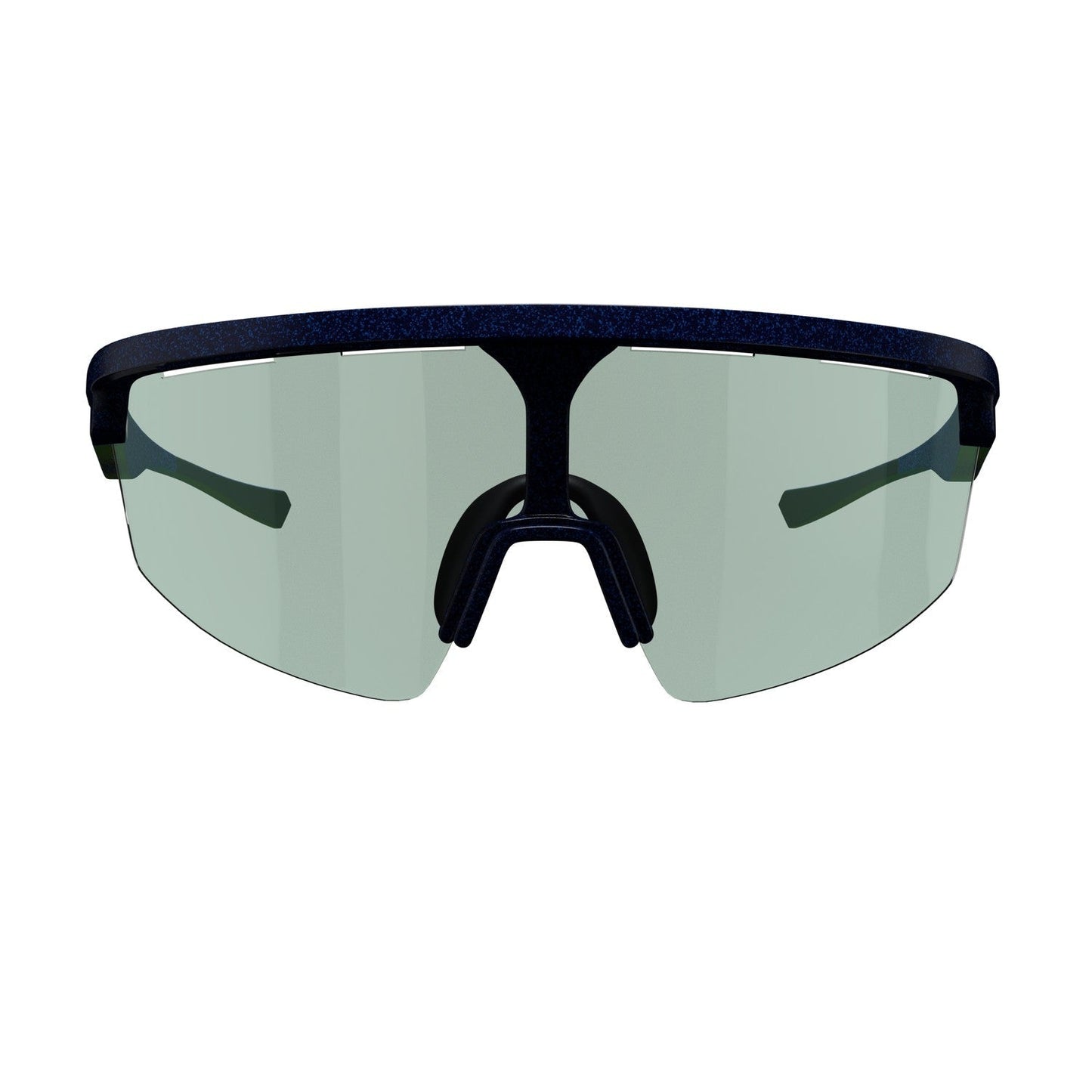 Front view of Dink Eyewear's Captiva Pickleball Sunglasses, featuring a single wide, curved green-tinted ColorBoost lens, black frame, and slim arms. Sleek design ensures top performance and UV protection for active lifestyles.
