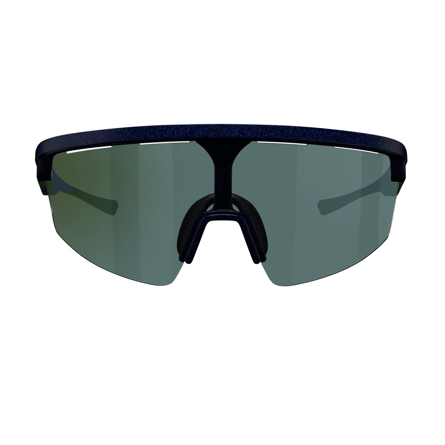 The Dink Eyewear Captiva Blue Pearl Sunglasses feature a modern sporty wrap design, navy frame, black padded nose bridge, and a dark single-piece ColorBoost lens—perfect for athletic or outdoor activities.