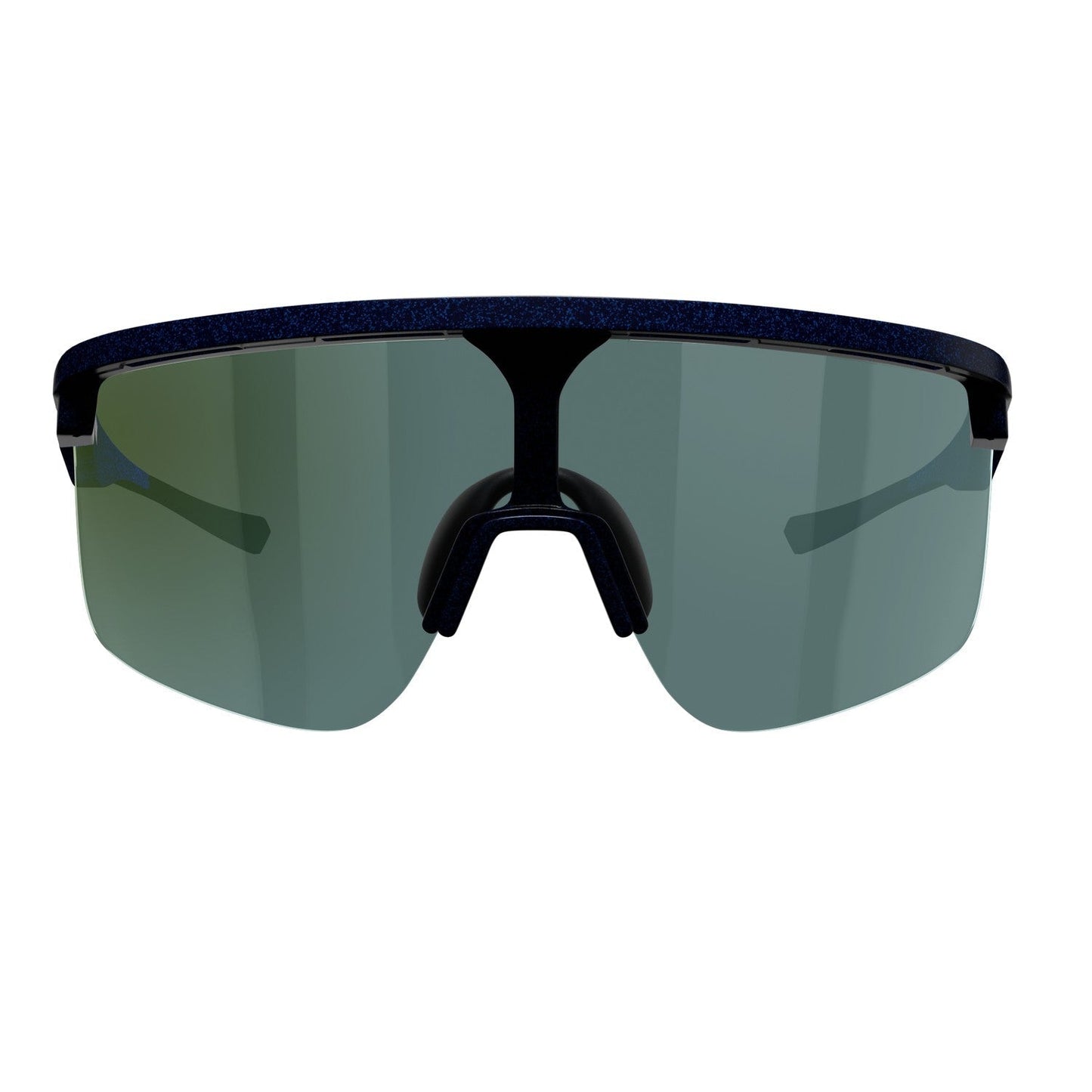 Front view of Dink Eyewear Captiva Large Blue Pearl Pickleball Sunglasses with a single green-tinted ColorBoost lens, black nose pads, and a dark blue frame. The wraparound design offers full coverage. No background details are visible.