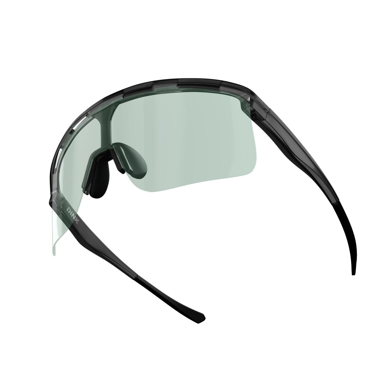 The Captiva Large Crystal Black Sunglasses from Dink Eyewear feature a sleek, sporty wrap design with a single clear, slightly green-tinted lens, black plastic frame, soft adjustable nose pads, and side protection for ideal performance.