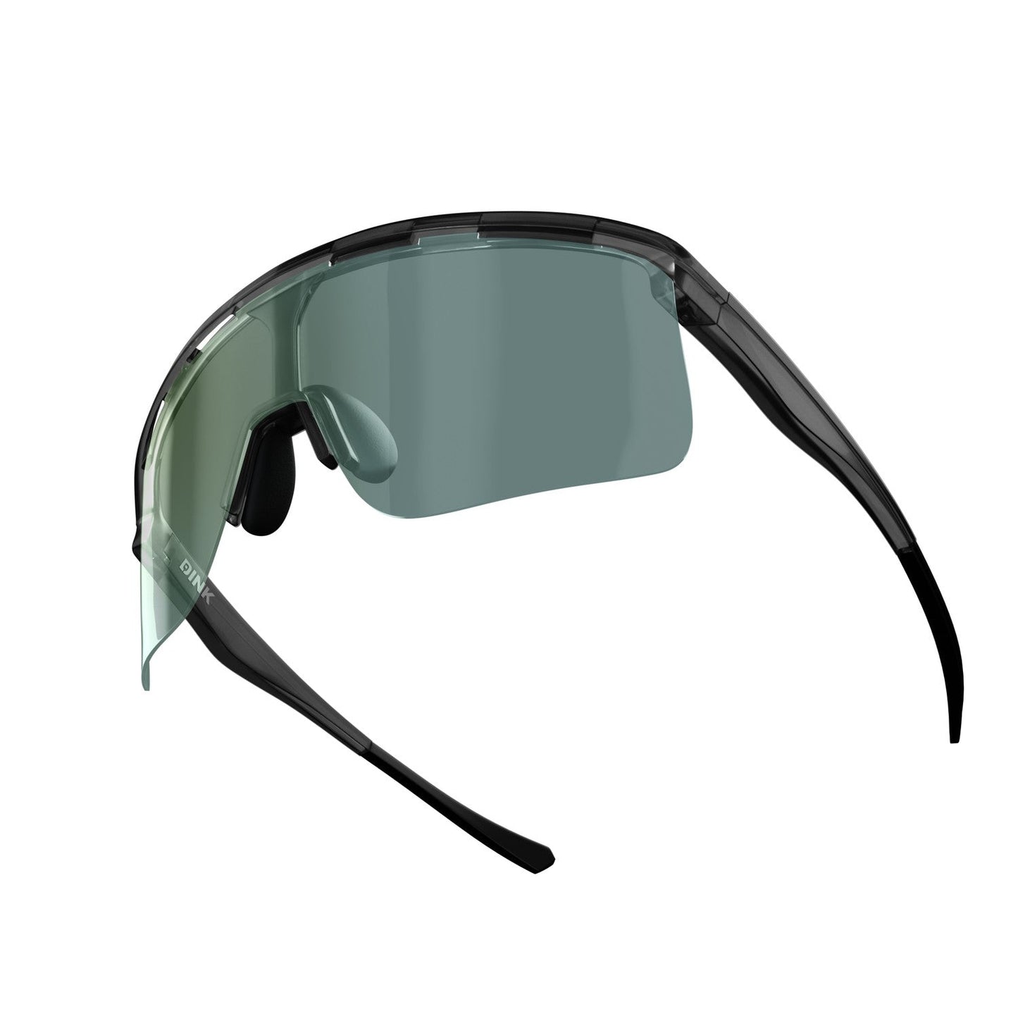 The Captiva Large Crystal Black Pickleball Sunglasses by Dink Eyewear feature a futuristic, wraparound design with a single ColorBoost lens, black frame, slim curved arms with visible nose pads, and minimalistic style.