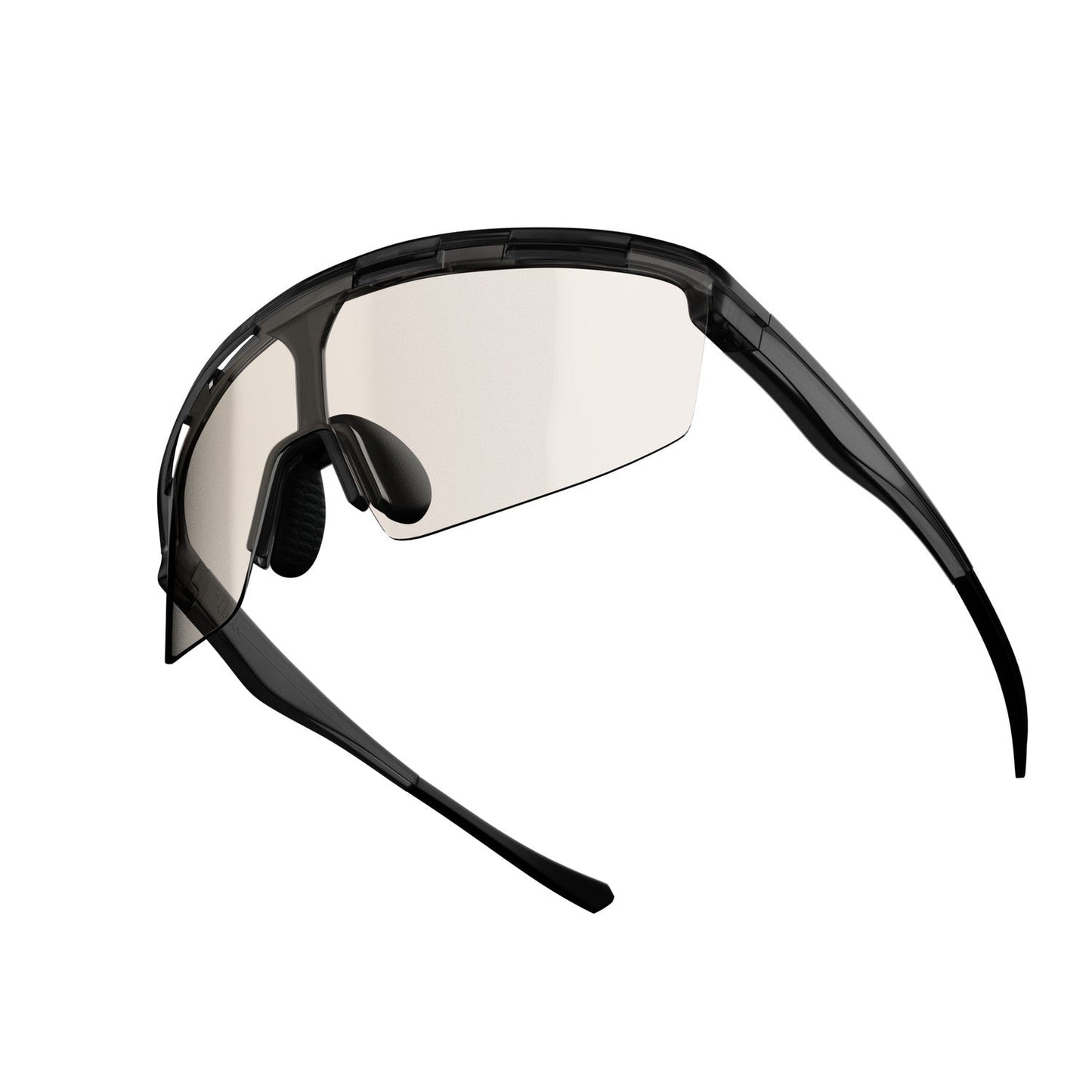 Dink Eyewear’s Captiva Crystal Black Pickleball Sunglasses feature ColorBoost lens technology, a single clear curved lens, black wraparound frame, thin angled arms for lightweight protection, and black nose pads for added comfort.