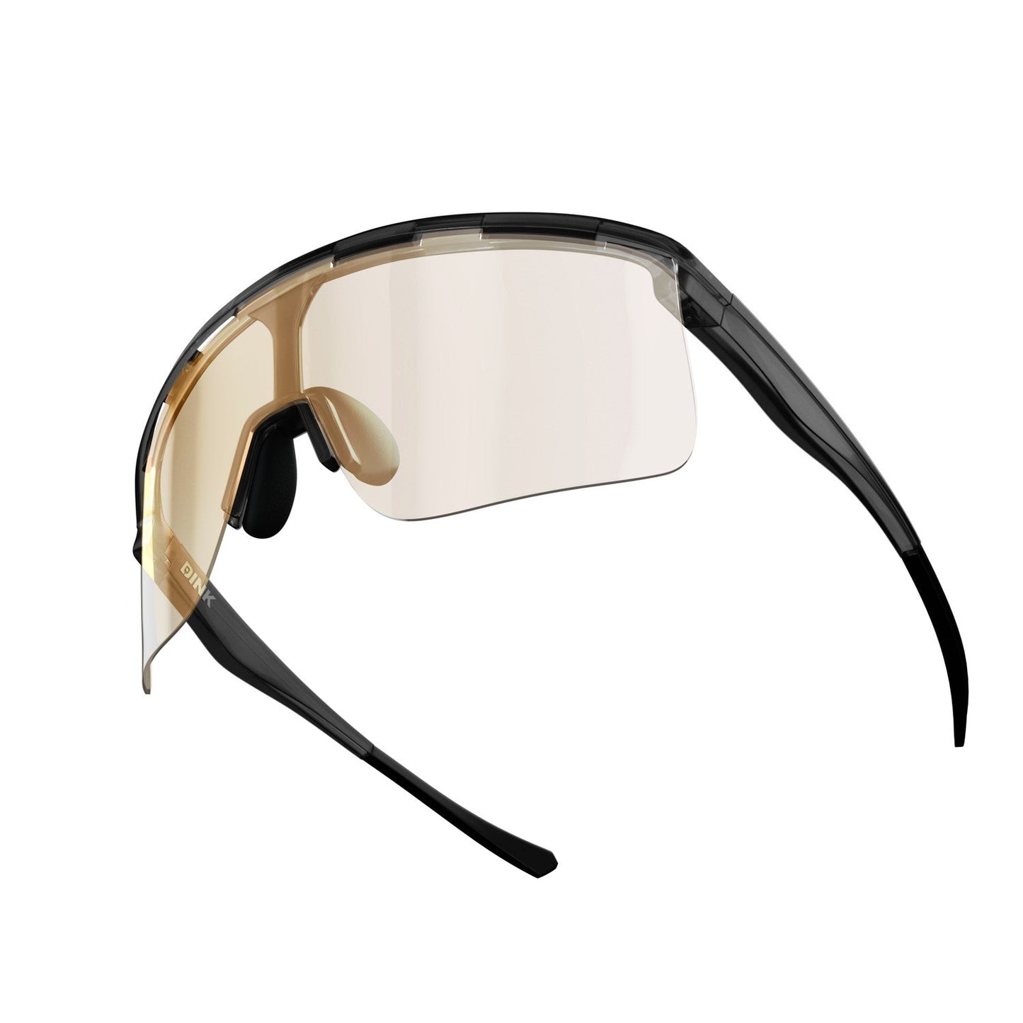 The Captiva Large Crystal Black Sunglasses by Dink Eyewear feature a sleek, sporty wrap design with a single wide tinted lens, curved black arms, ergonomic nose pad, full eye protection, and comfort for performance wear.