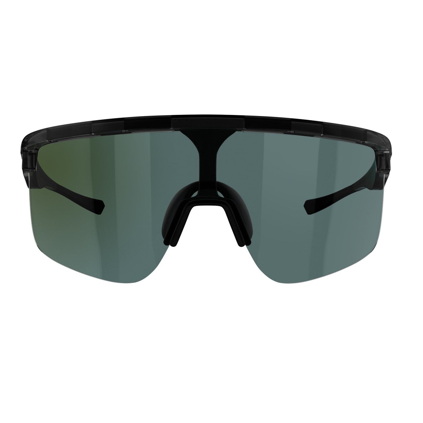 Front view of Captiva Large Crystal Black Sunglasses by Dink Eyewear featuring a sporty, wraparound design with dark reflective single lens, black frame, nose pad, and curved arms for active or athletic use.
