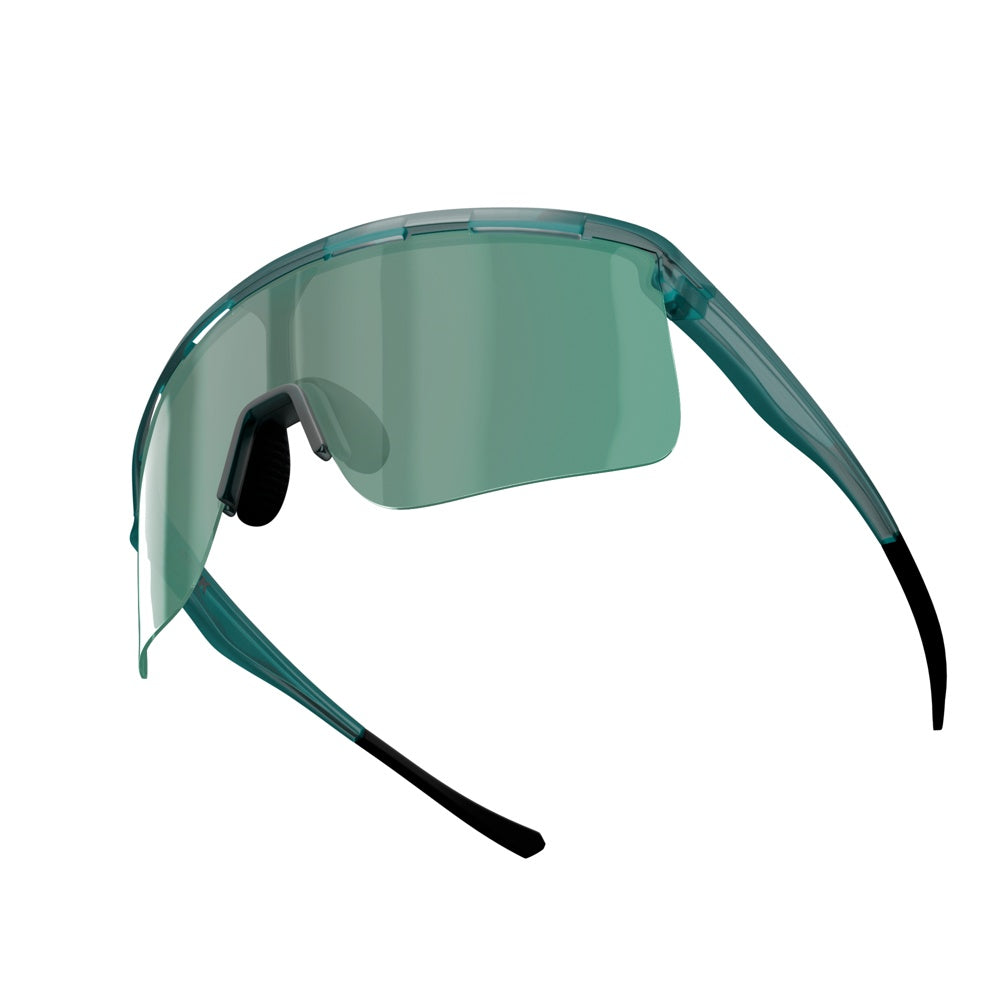 The Dink Eyewear Captiva Large Emerald Green Pickleball Sunglasses feature a curved ColorBoost lens for clarity, side protection, black nose pads, and slim black-and-teal arms—lightweight eyewear designed for optimal eye protection.