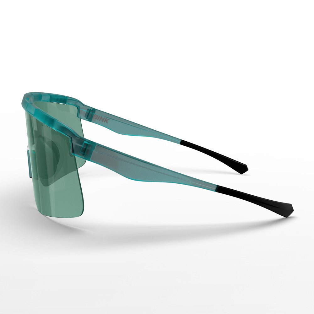The Dink Eyewear Captiva Pickleball Sunglasses feature a single wraparound ColorBoost lens, UV protection, sleek teal frame with black tips, shown on a white background at an angle highlighting the side and front.
