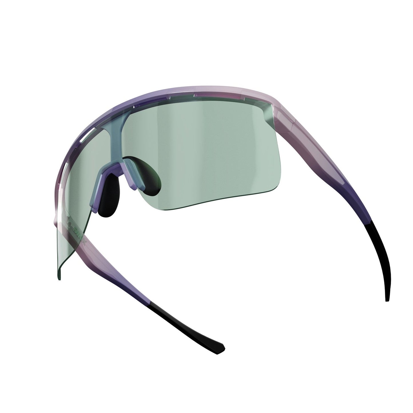 The Dink Eyewear Captiva Large Lilac Pickleball Sunglasses feature a frameless, modern wrap design with ColorBoost green-tinted lens, black nose pads and earpieces, and slim arms that fade from purple to black for a sporty look.