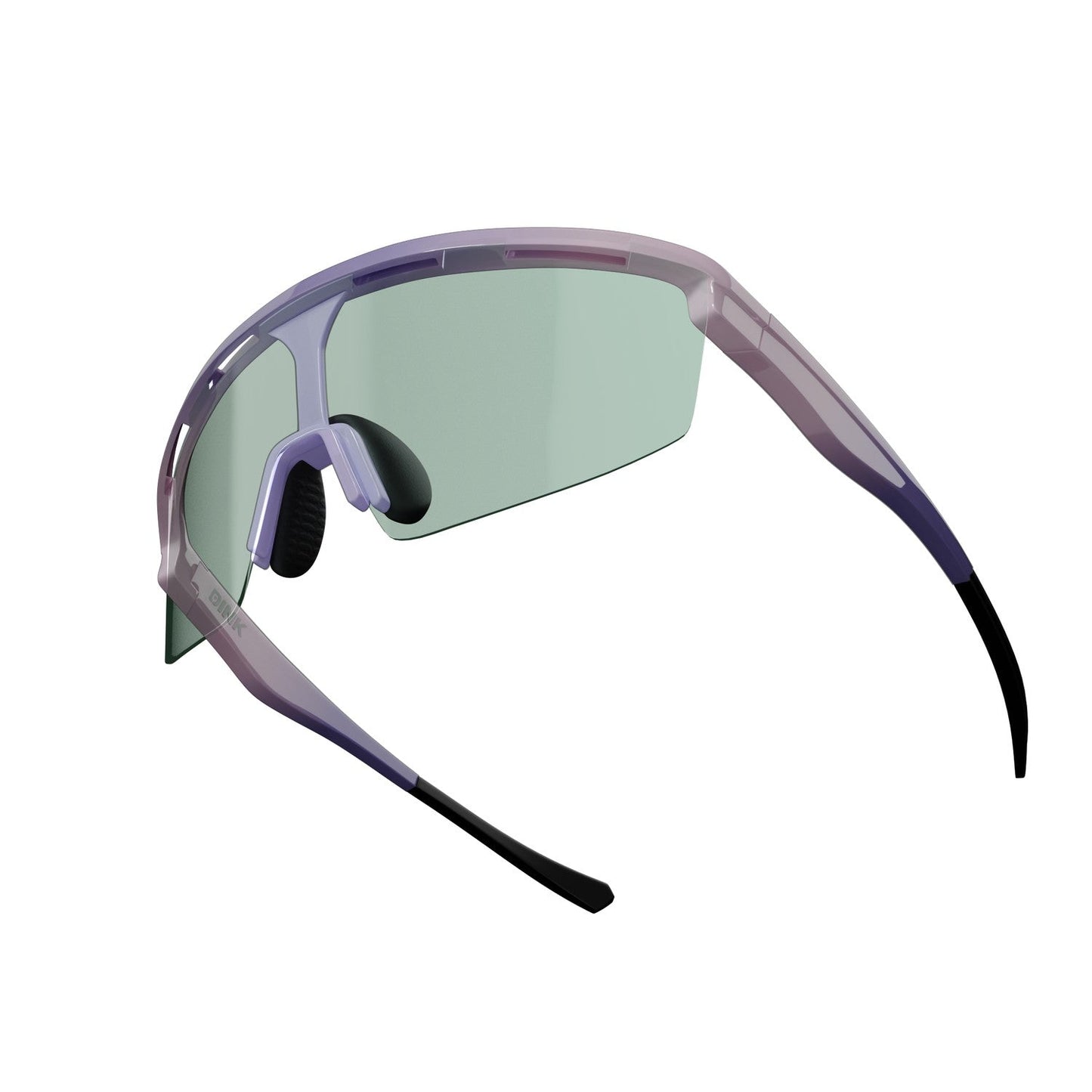 Dink Eyewear Captiva Pickleball Sunglasses: modern sport eyewear with a single green-tinted ColorBoost lens, UV Protection, translucent purple frame, black nose pads, and rubberized temple tips shown from a rear three-quarter angle on white.
