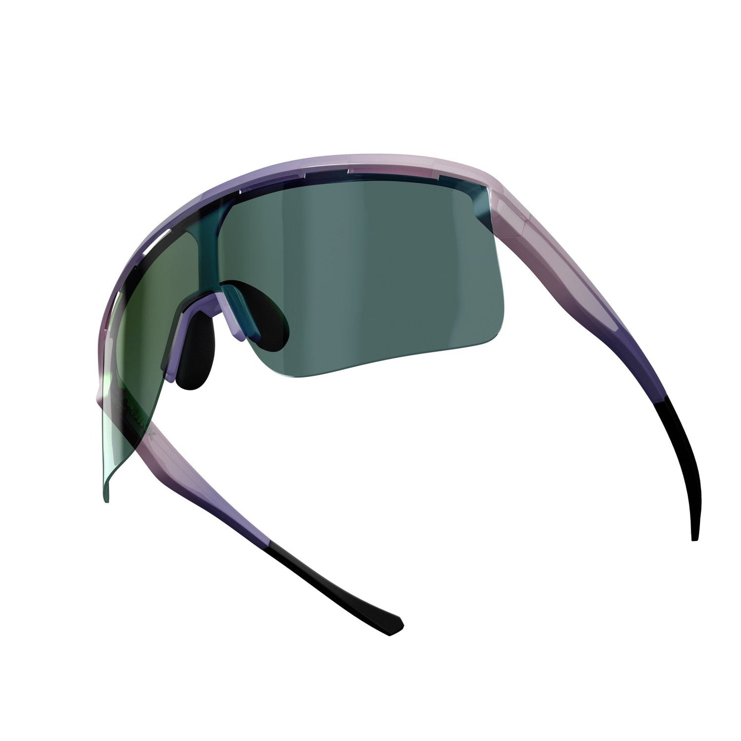 A close-up digital rendering of Dink Eyewear’s Captiva Pickleball Sunglasses, featuring a single curved green-tinted ColorBoost lens with UV protection, black nose pads, and sleek purple and black arms for a minimal, lightweight performance design.