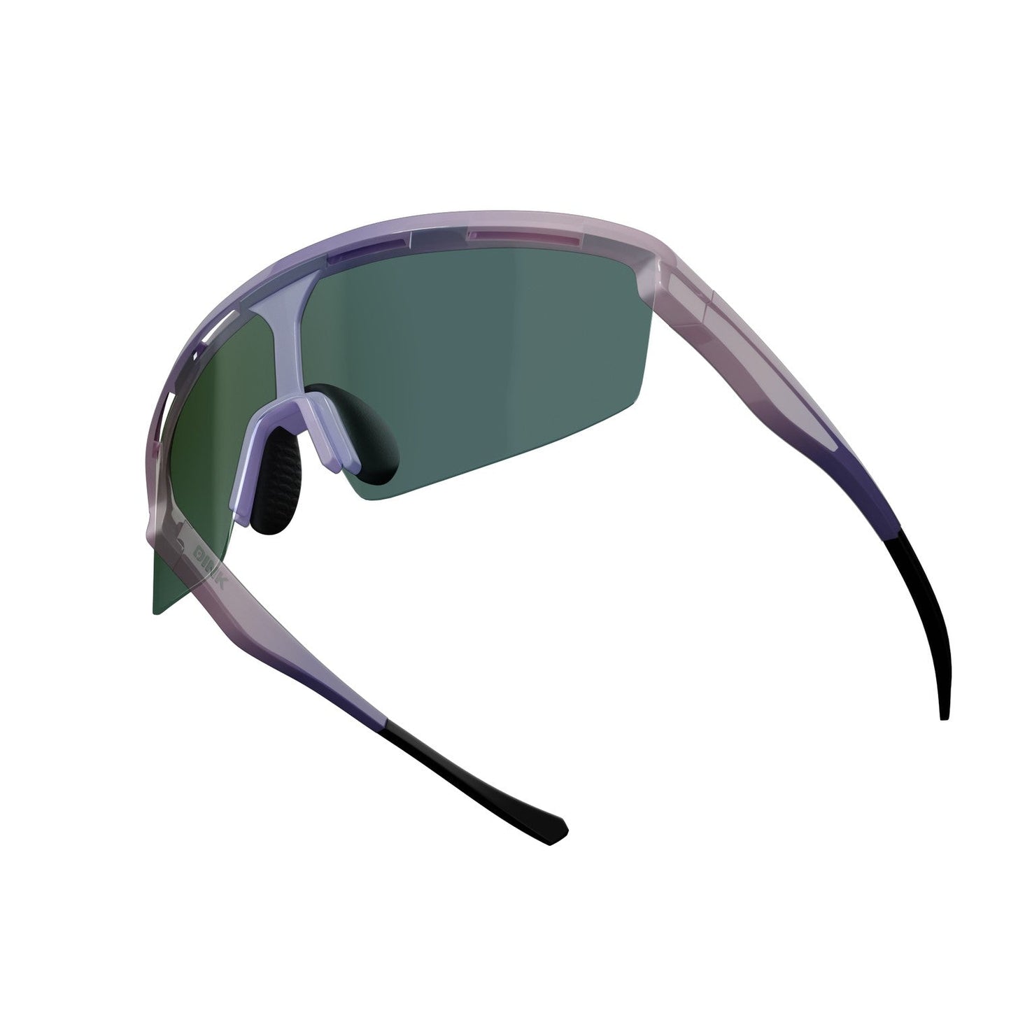 The Dink Eyewear Captiva Lilac Pickleball Sunglasses feature a transparent purple frame, black accents, and a single wide green ColorBoost lens, displayed from an angled side view on a plain white background.