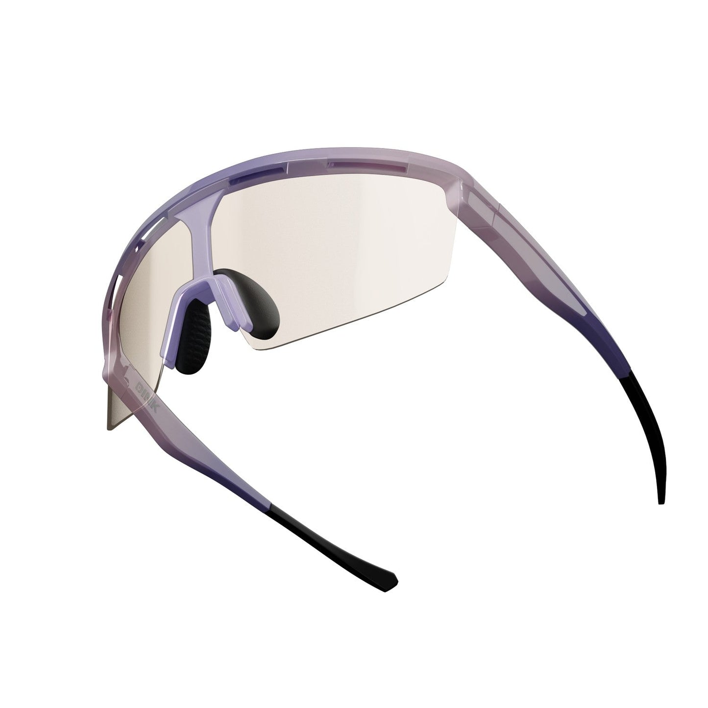 The Dink Eyewear Captiva Pickleball Sunglasses feature a single curved clear ColorBoost lens, translucent purple frame, black rubber nose pads, and black-tipped straight arms. They’re angled to display both the front and side views.