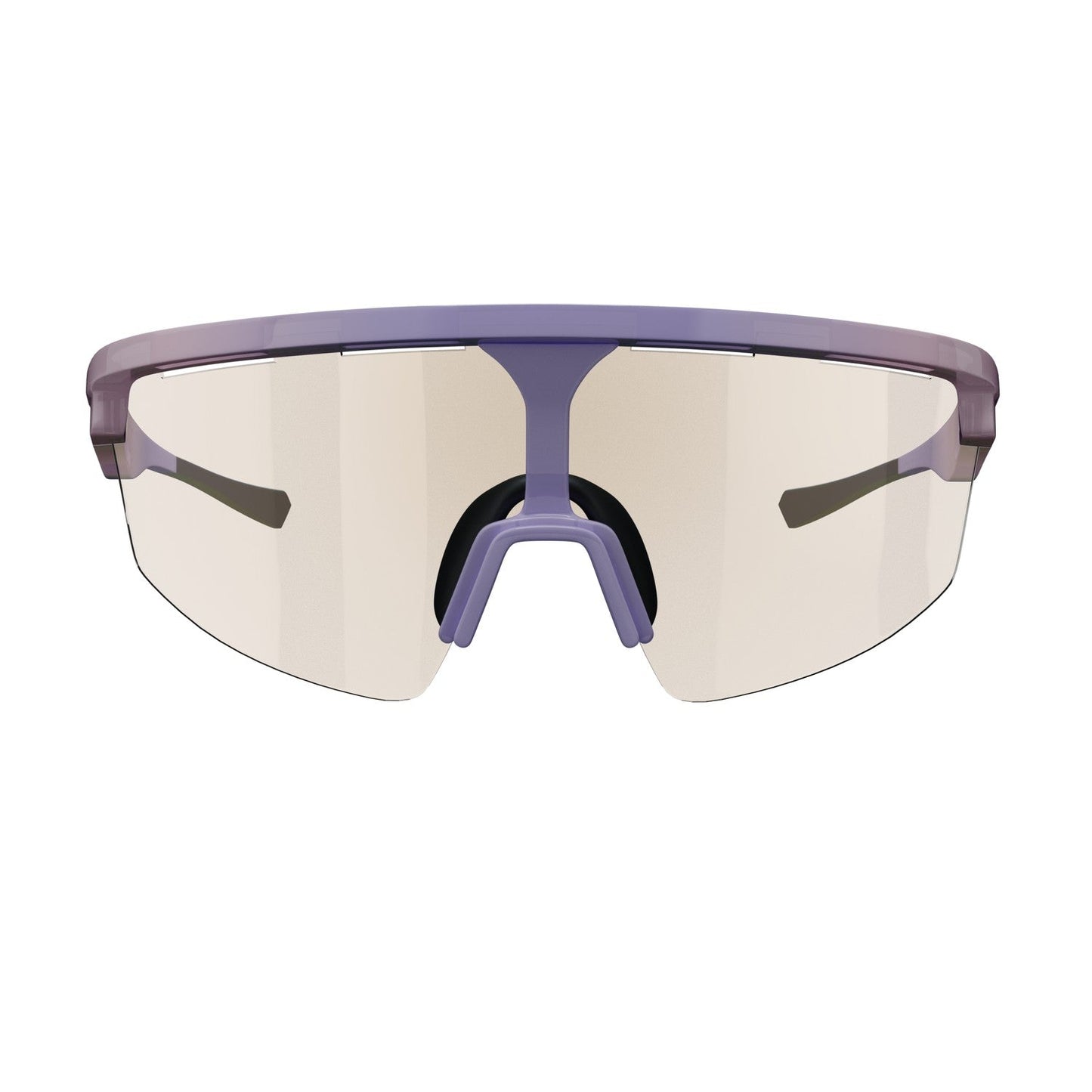 The Dink Eyewear Captiva Pickleball Sunglasses are modern, frameless performance sport eyewear with a single wide, lightly tinted lens, purple accents on the top rim and nose bridge, black arms, and aerodynamic design with UV protection.