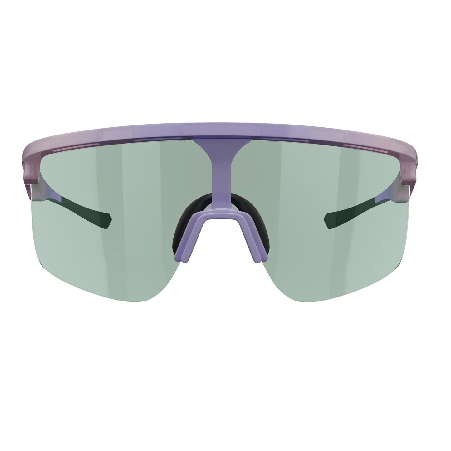 The Dink Eyewear Captiva Large Lilac Sunglasses feature a single green ColorBoost lens, purple frame, wide black nose pad, and slim black earpieces in a sleek, aerodynamic front view against a white background.
