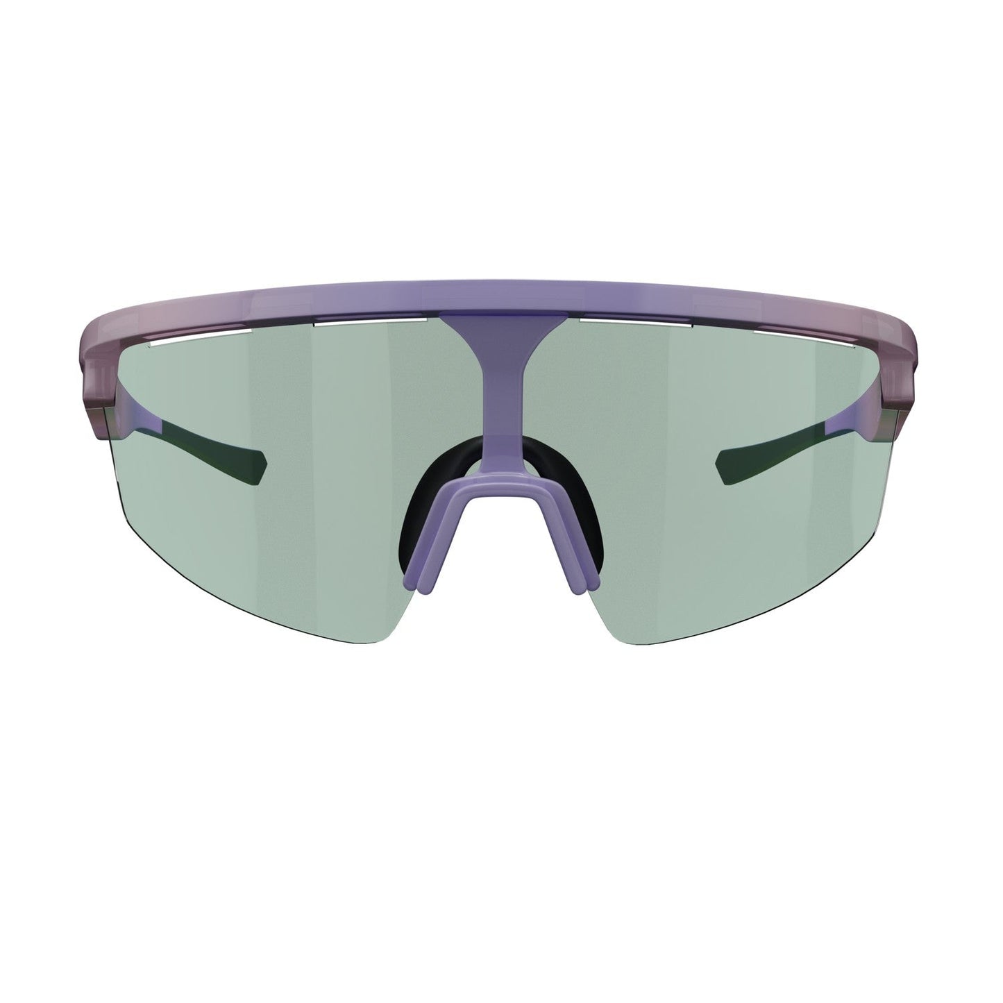 The Dink Eyewear Captiva Lilac Pickleball Sunglasses feature a bold purple frame and single wide pale green ColorBoost lens. Sporty wrap design with thick arms and prominent nose piece, photographed head-on against a white background.